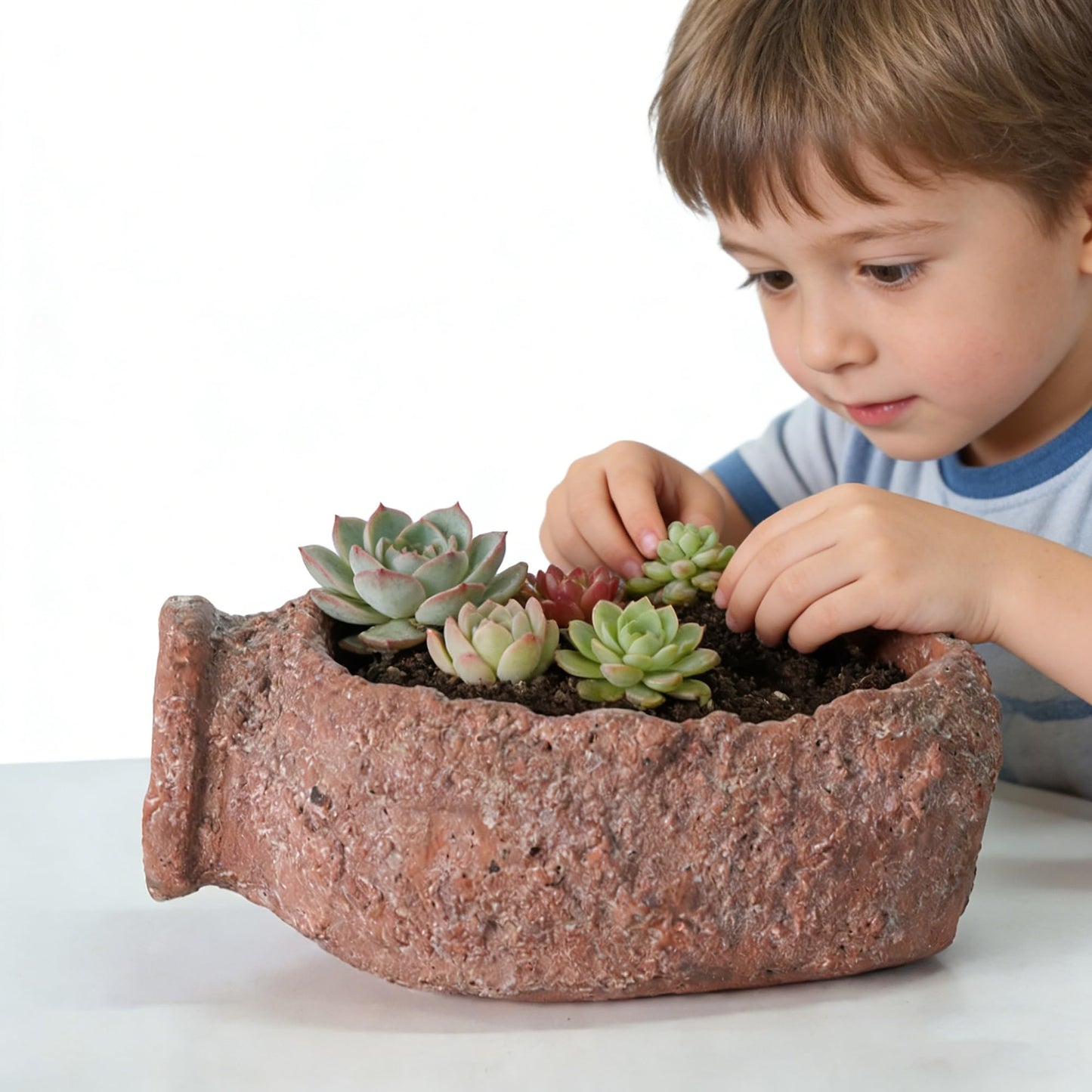YUSNLAB Handmade Shallow Succulent Planter - 10 Inch Concrete Pot with Aged Stone Texture for Cactus, Aloe, Small Plants, Indoor/Outdoor Home Decor