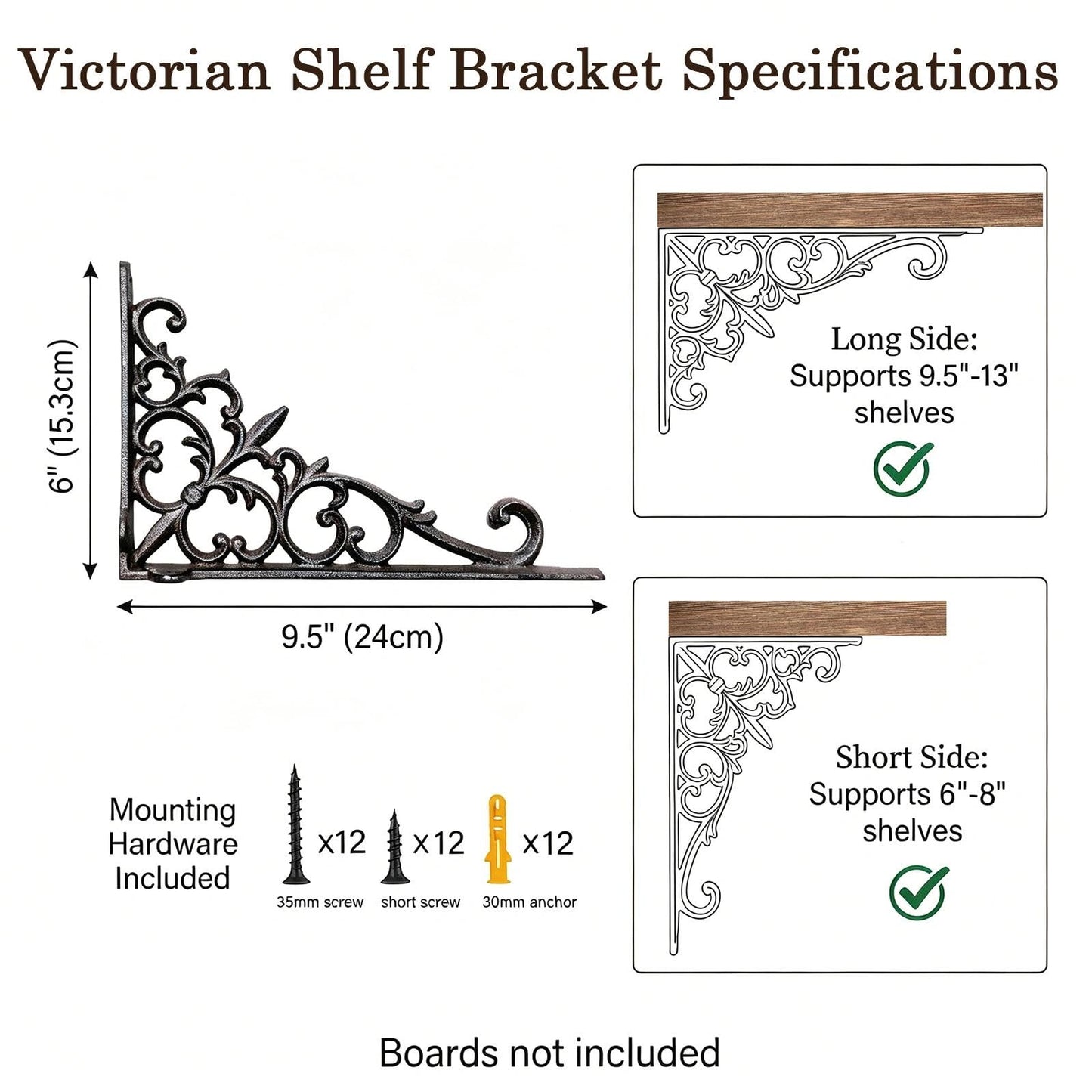 Z Metnal Decorative Shelf Brackets, 6 x 9 inch , Cast Wrought Iron Metal Mailbox Bracket, Wall Decor, Modern Shelving Bracket for DIY Floating Shelves, 4 Pack