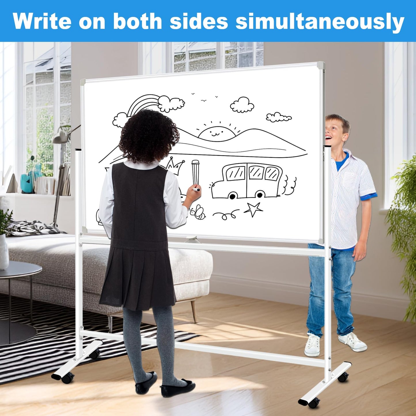 BSTPCOO Double-Sided Dry Erase Board with Stand 36"x24", Magnetic Mobile White Board Rolling Whiteboard on Wheels Drawing whiteboard with Stand for Kids & Adults, 2 Eraser, 10 Markers, 12 Magnets