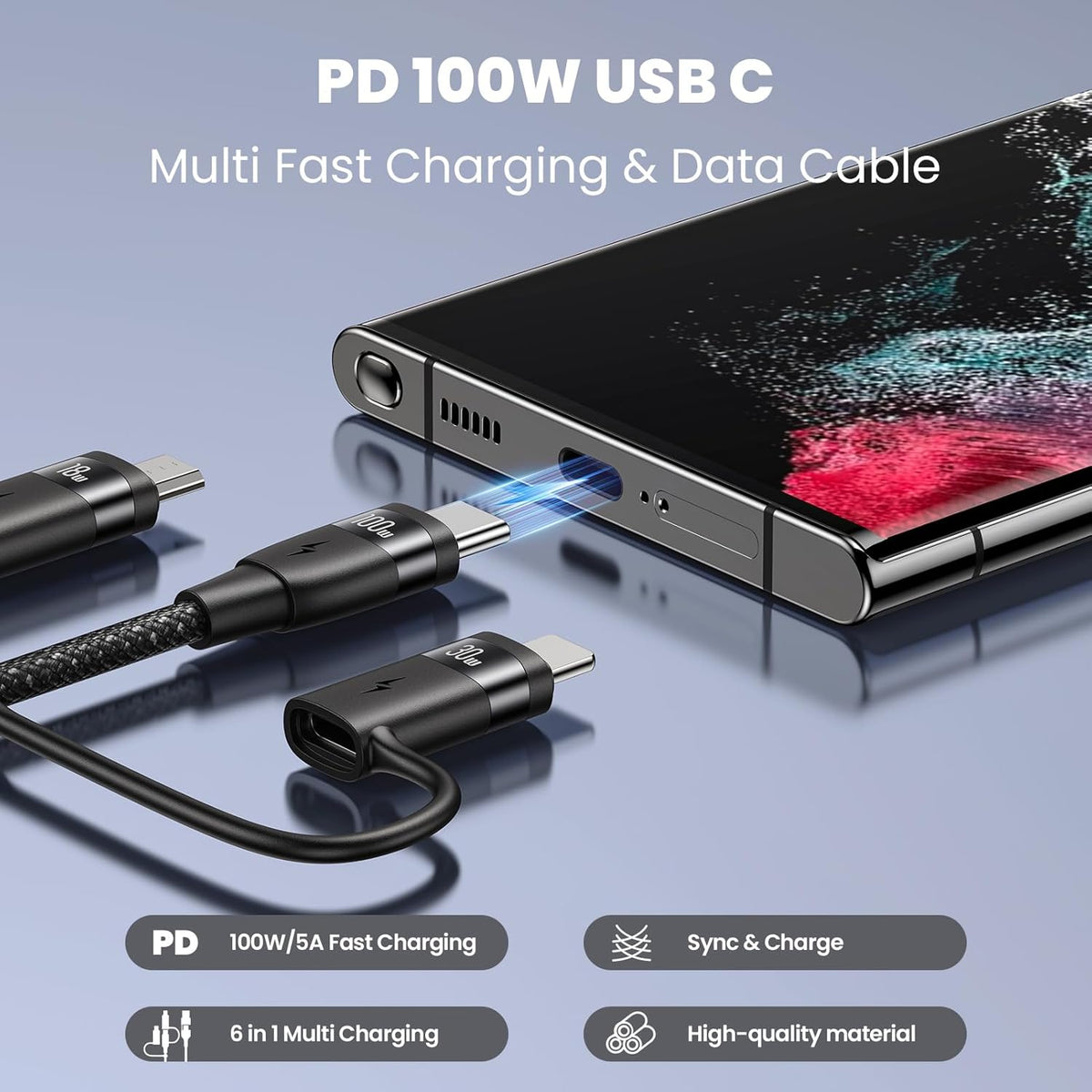 100W USB C Multi Charging Cable, USAMS 4FT 5-in-1 5A Fast Sync Charger Adapter Nylon Braided Type-C Cable for Laptop/Tablet/Phone and More