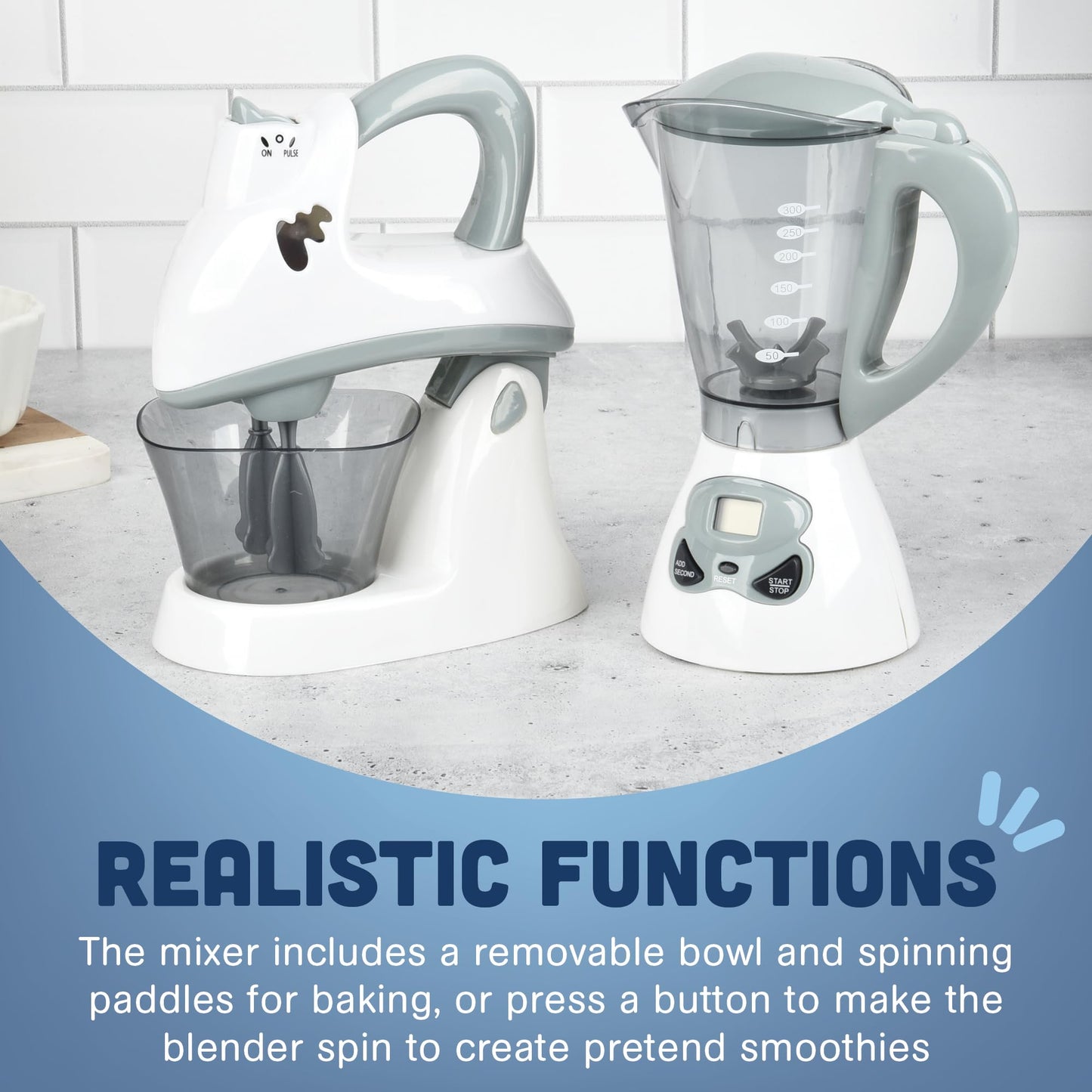 Constructive Playthings Play Kitchen Appliances, Kids Blender and Mixer Toy, Realistic Designs, Developmental Toddler Toys, Ages 3 Years and Up