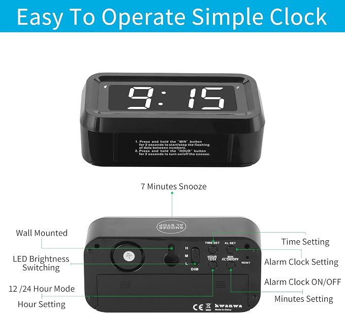 KWANWA Kids Alarm Clock, White LED, Battery, Auto-Night Mode, 12Hr/24Hr, Small, Travel, Bedside, Wall-Mount/Table-top, Easy to Read