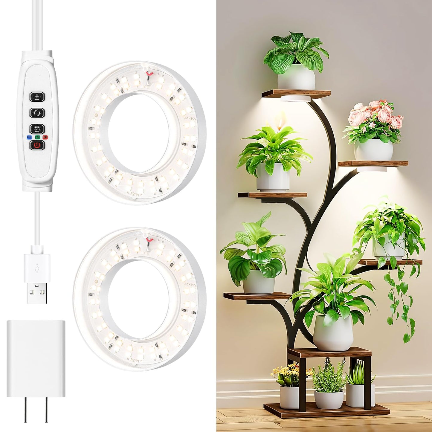 RWNTAO 3.54" Ceiling Grow Light for Indoor Plants, Warm&White Full Spectrum Plant Light, Growing Lamp with 6/12/16H Auto Timing, 10 Dimmable Brightness Levels for Small Plants,2Head
