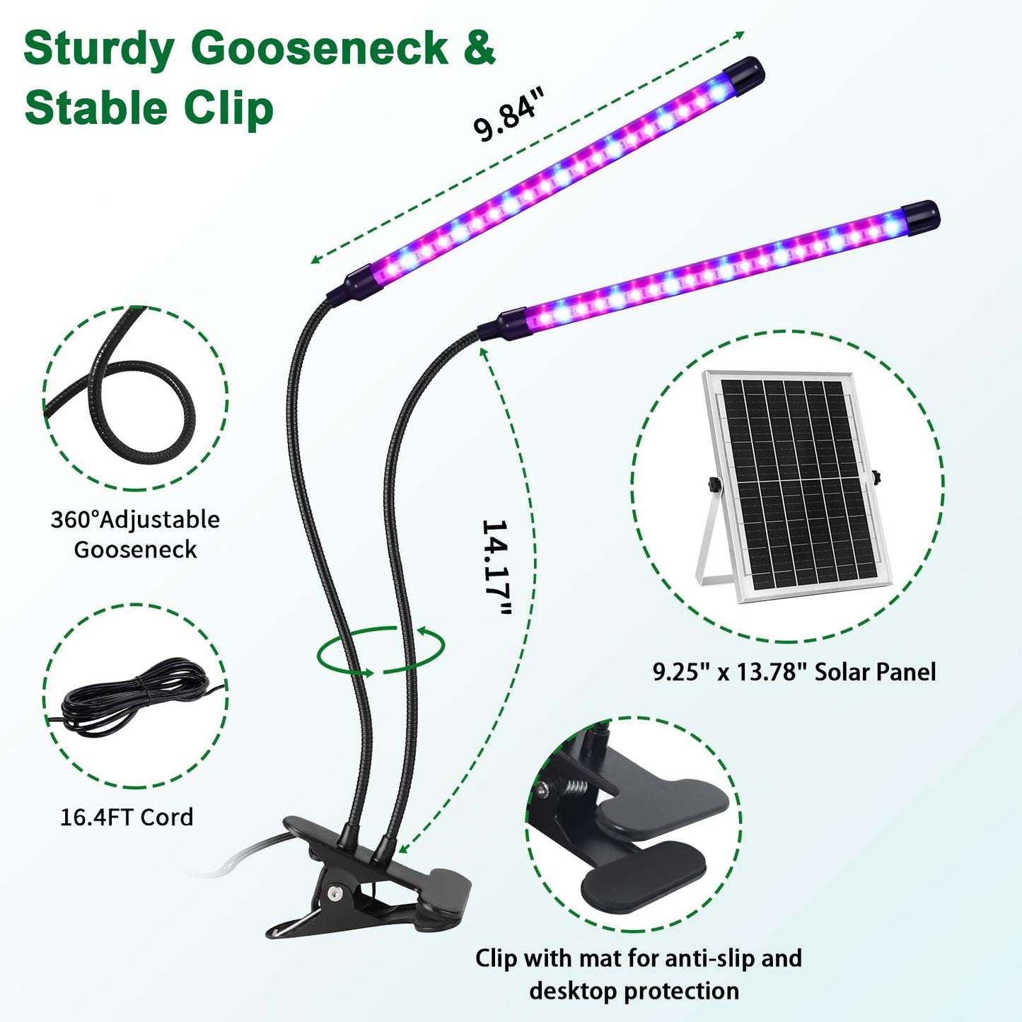 ladate Solar Grow Lights with Batteries, 2 Heads Clip Plant Growing Lamp with Red Blue Spectrum for Indoor Plants, 3/9/12H Timer, 3 Dimmable Level, Adjustable Gooseneck,3 Switch Modes, Auto On Off