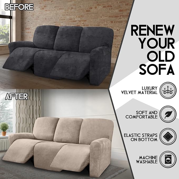 ULTICOR Velvet 8-Pieces Recliner Sofa Covers Stretch Reclining Couch Covers for 3 Cushion Reclining Sofa Slipcovers Furniture Covers Thick Soft Washable (3 Seater Recliner Cover, Taupe)