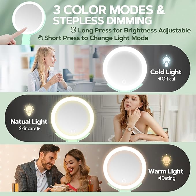 Lighted Makeup Mirror, 30X Magnifying Mirror with Light, Hanging and Handheld Mirror with Handle, Green