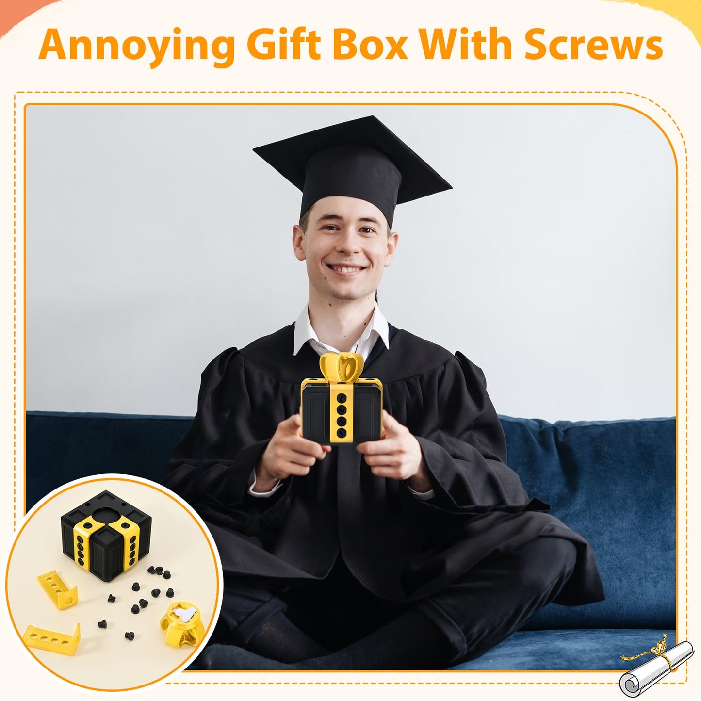 Leinuosen 2 Pack Annoying Nesting Gift Box with Screws, 3D Funny Prank Gift Box, Novelty Hilarious Money Card Container for Christmas Birthday Wrapping (Black Yellow,Orange Yellow)