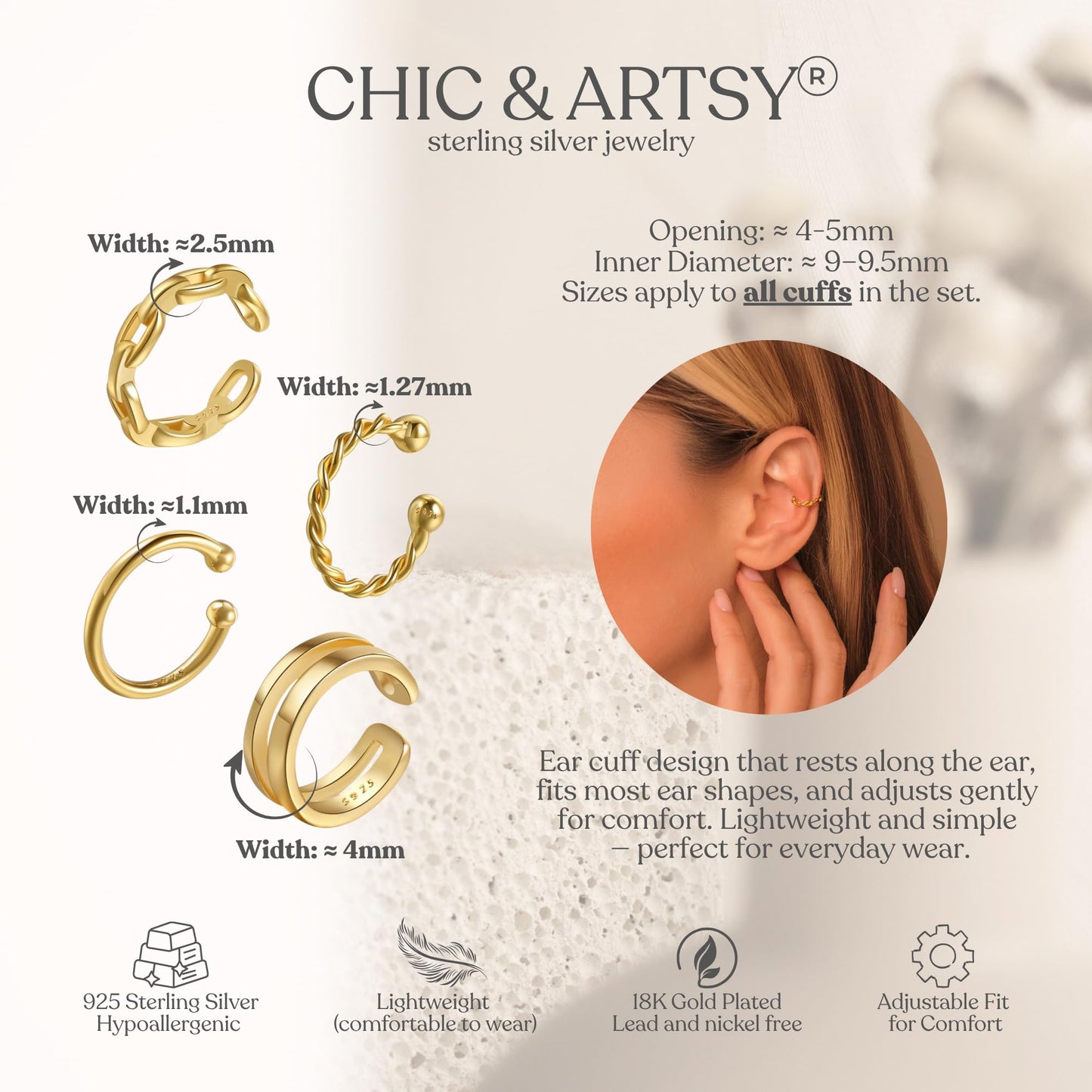 Ear Cuff 18K Gold Plated Sterling Silver Fake Ear Cuffs for Women Non-Piercing Cartilage Earrings
