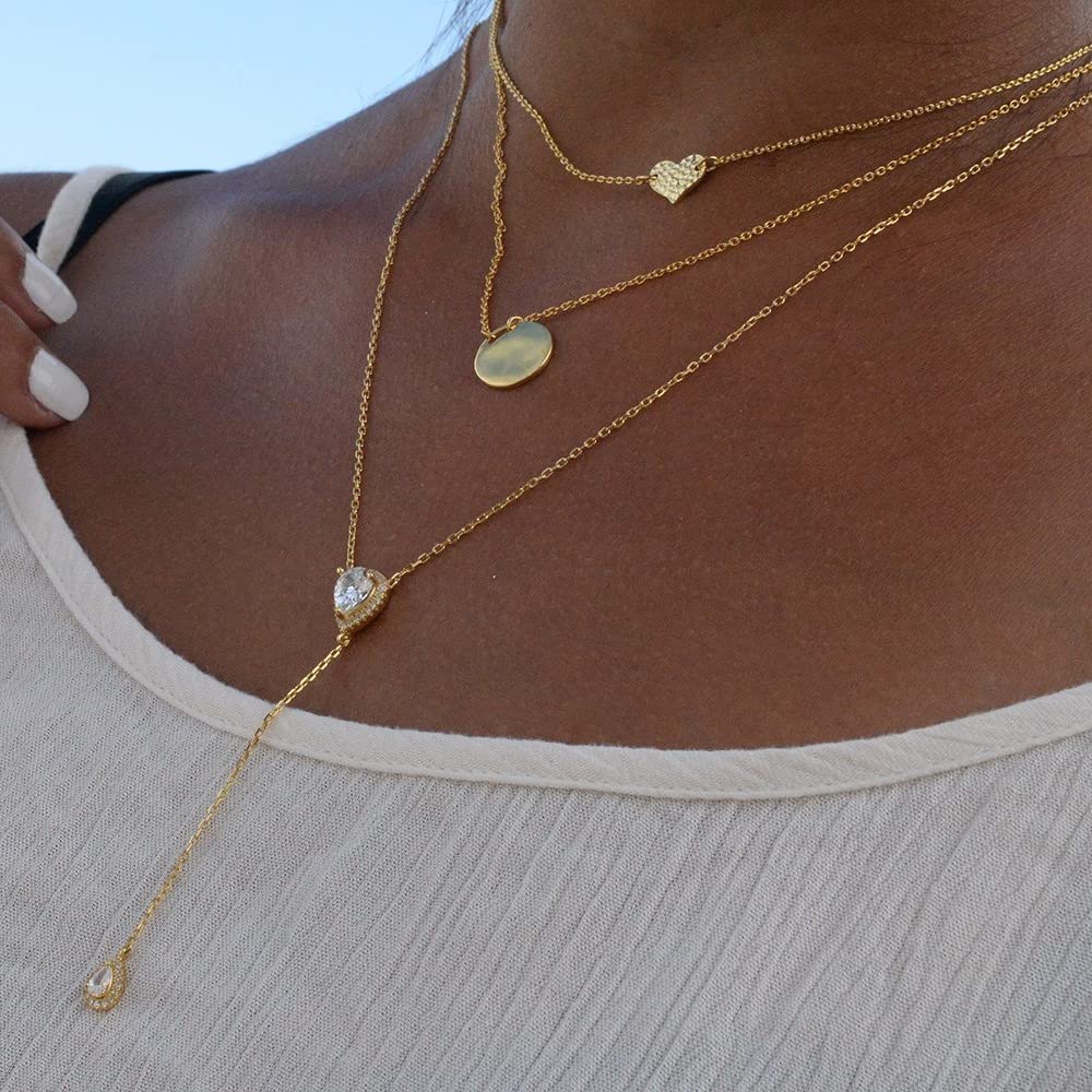 CZ Pear Drop Lariat Necklace 16" with 2.75" Y Drop Adjustable, 14K Yellow Gold Finish