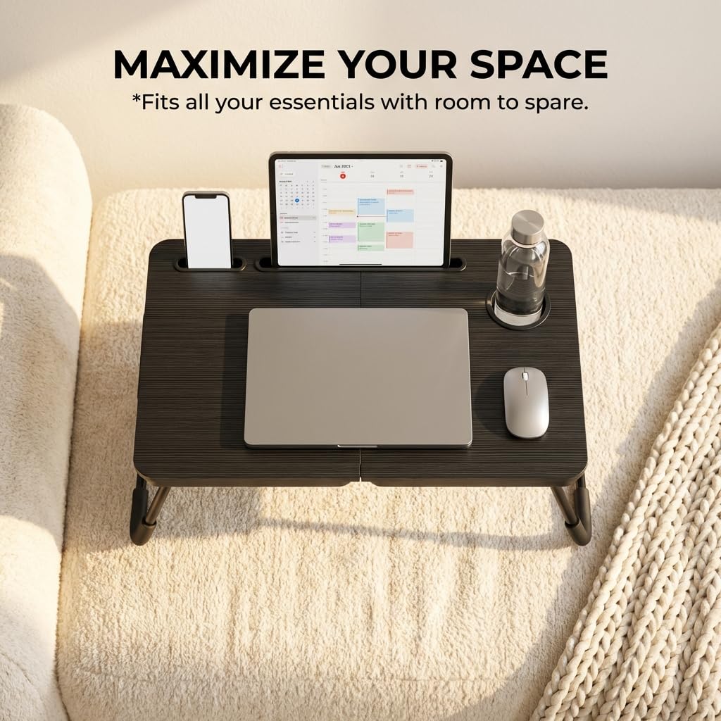 BUYIFY Foldable Laptop Bed Desk for Couch, Sofa - Large Lap Desk Tray Table with Cup Holder and Tablet Slot - Portable Notebook Stand for Eating, Writing, Studying and WFH -NEW-006