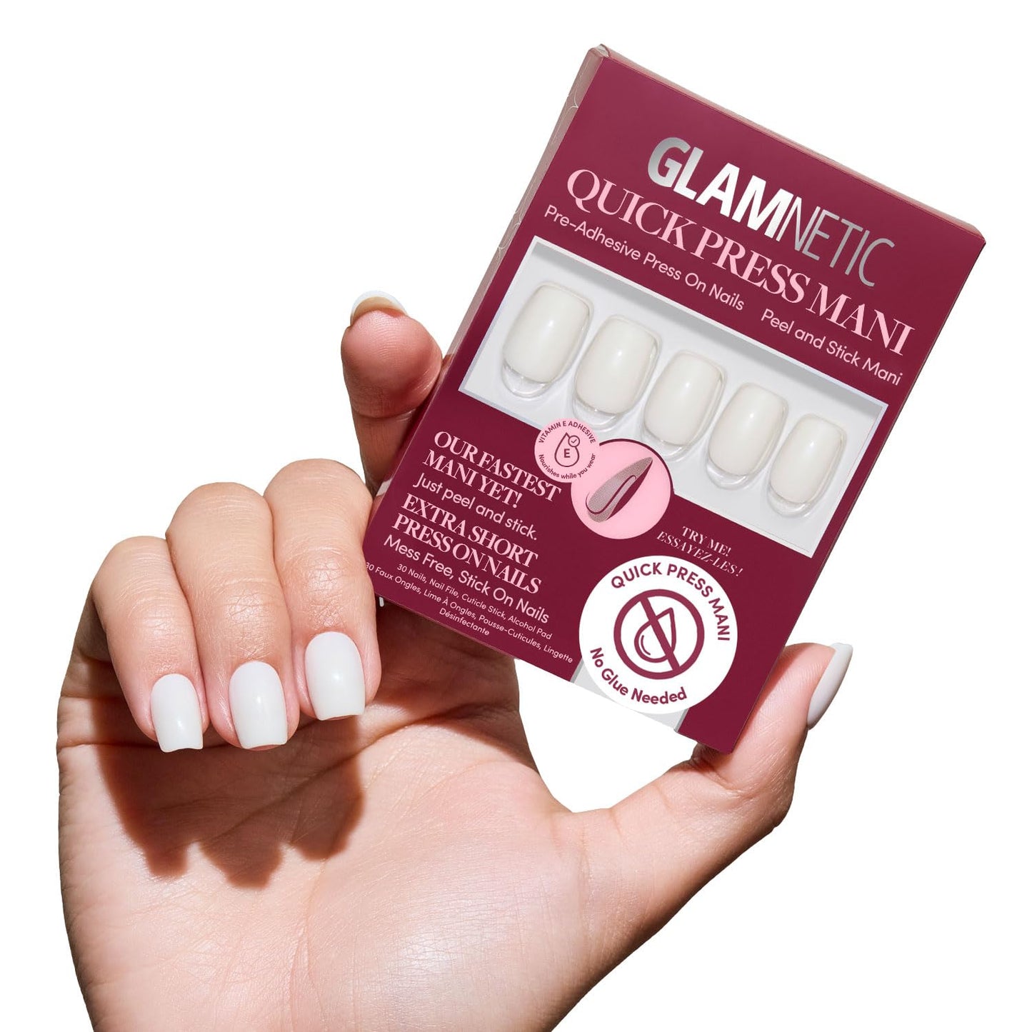 Glamnetic Quick Press Mani Bundle - No Glue Press On Nails, Just Peel and Stick | Daydream Veil & Porcelain | Mess Free Salon Quality Stick On Nails | Square Extra Short Nails