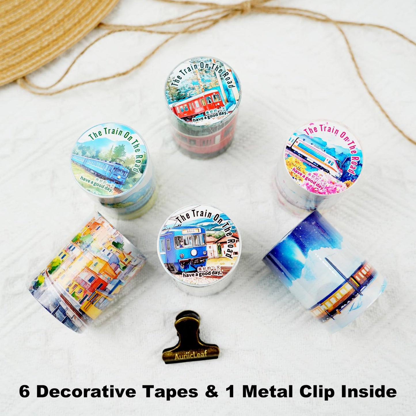 AuriicLeaf Train Scenery Washi Tape Set – 6 Rolls Travel & Nature Inspired with Clip for Scrapbook Journals DIY Crafts Decoration 1.97"x78.7" 39.37in per Loop