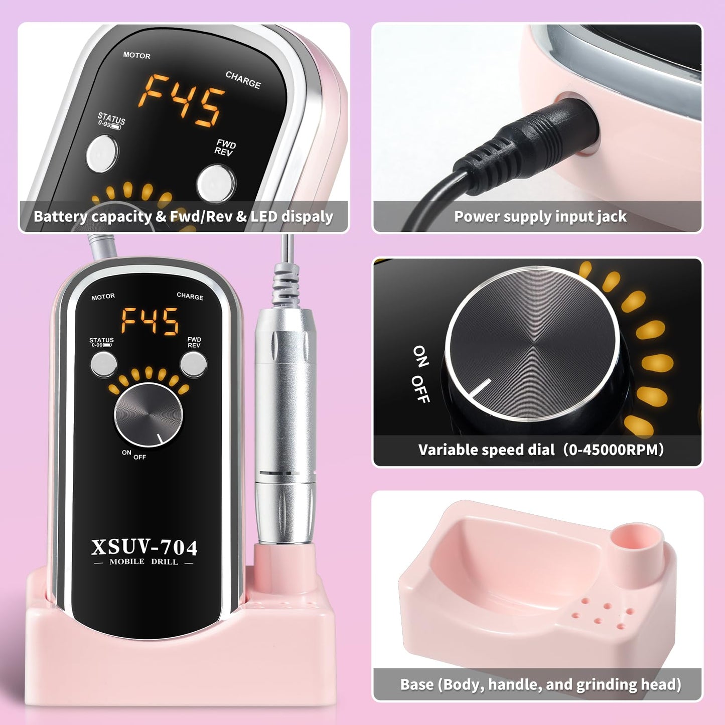 Moskany Professional Electric Nail Drill Kit 45000RPM with Bits and Base Pink Portable Rechargeable Cordless Nail E- File Machine for Acrylic Gel Powder Nails and Manicure Pedicure Toenail Tool Set