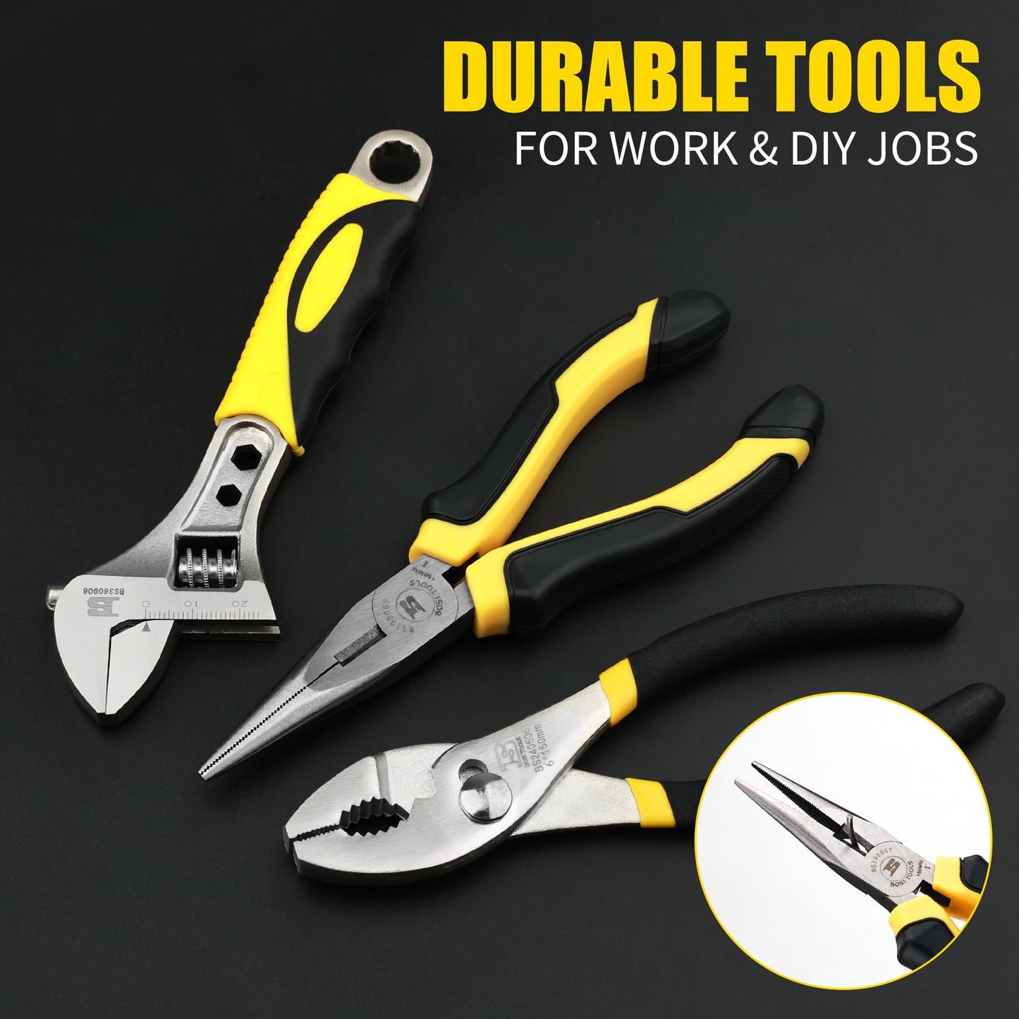 B BOSI TOOLS 142 PCS Tool Set, Home Repairing Tool Kit with 13-Inch Wide Mouth Open Storage Tool Bag, Portable Home Tool Kit Including Hammer, Screwdriver, and Household Tools