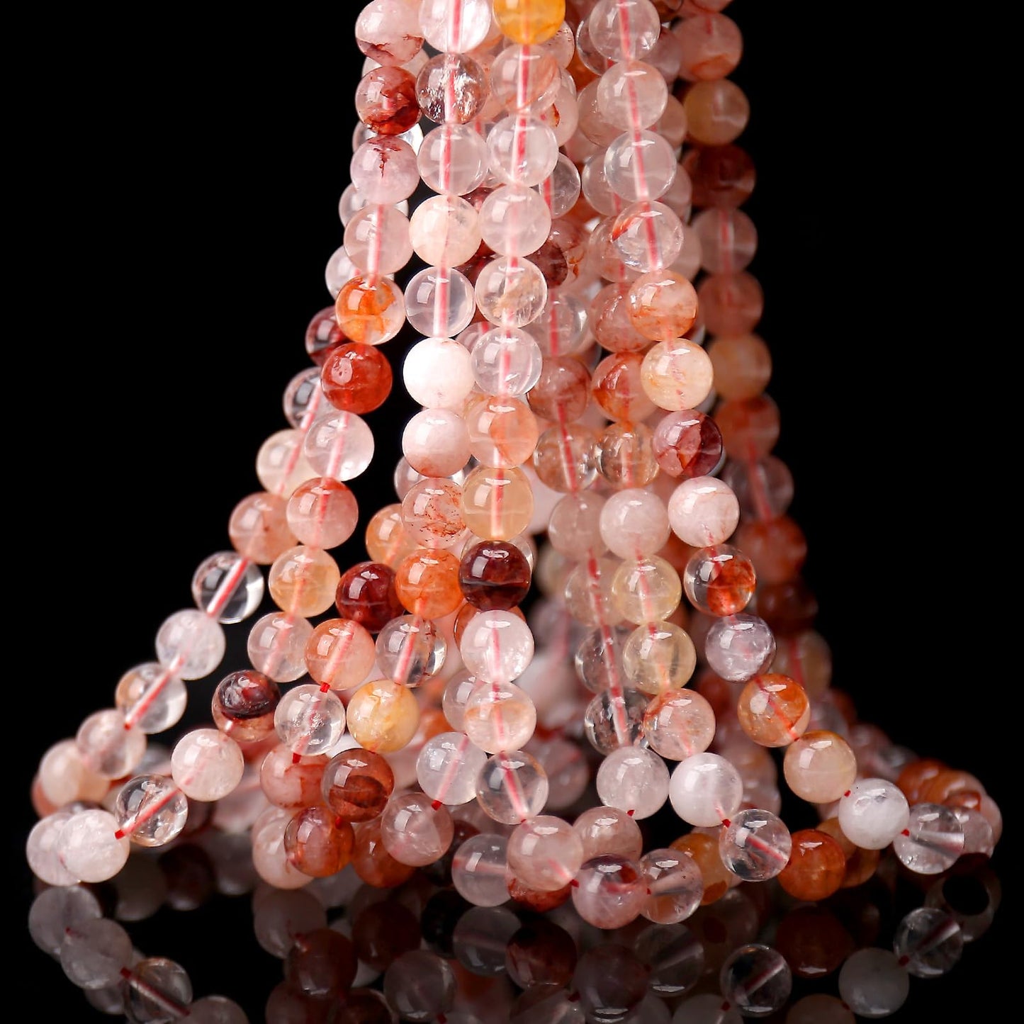 70PCS Natural 8MM Healing Gemstone, Red Hematoid Quartz Energy Stone Round Loose Beads, Semi-Precious Crystal Beads with Free Elastic String for Jewelry Making DIY