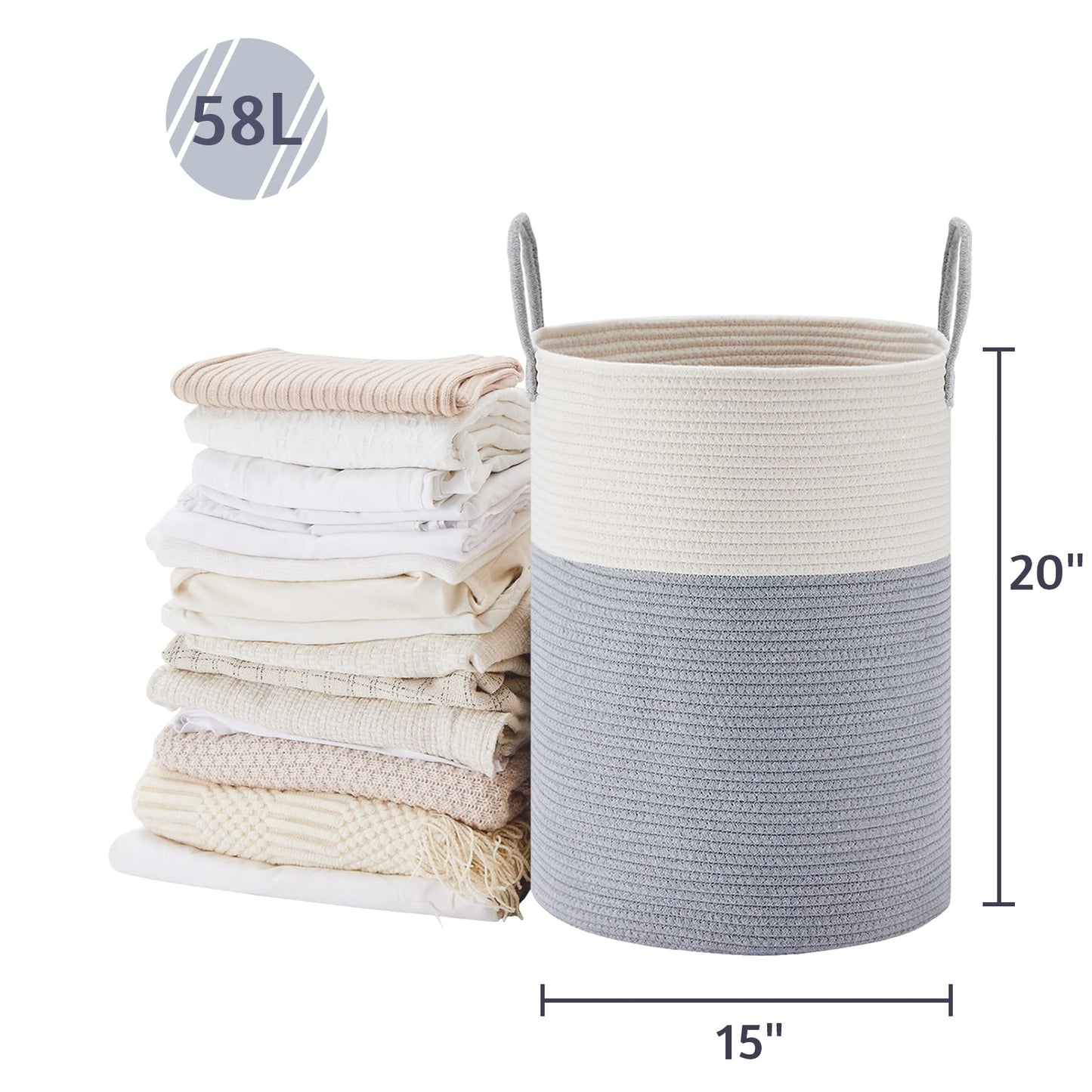 VIPOSCO Large Laundry Hamper, Tall Woven Rope Storage Basket for Blanket, Toys, Dirty Clothes in Living Room, Bathroom, Bedroom - 58L Grey & White