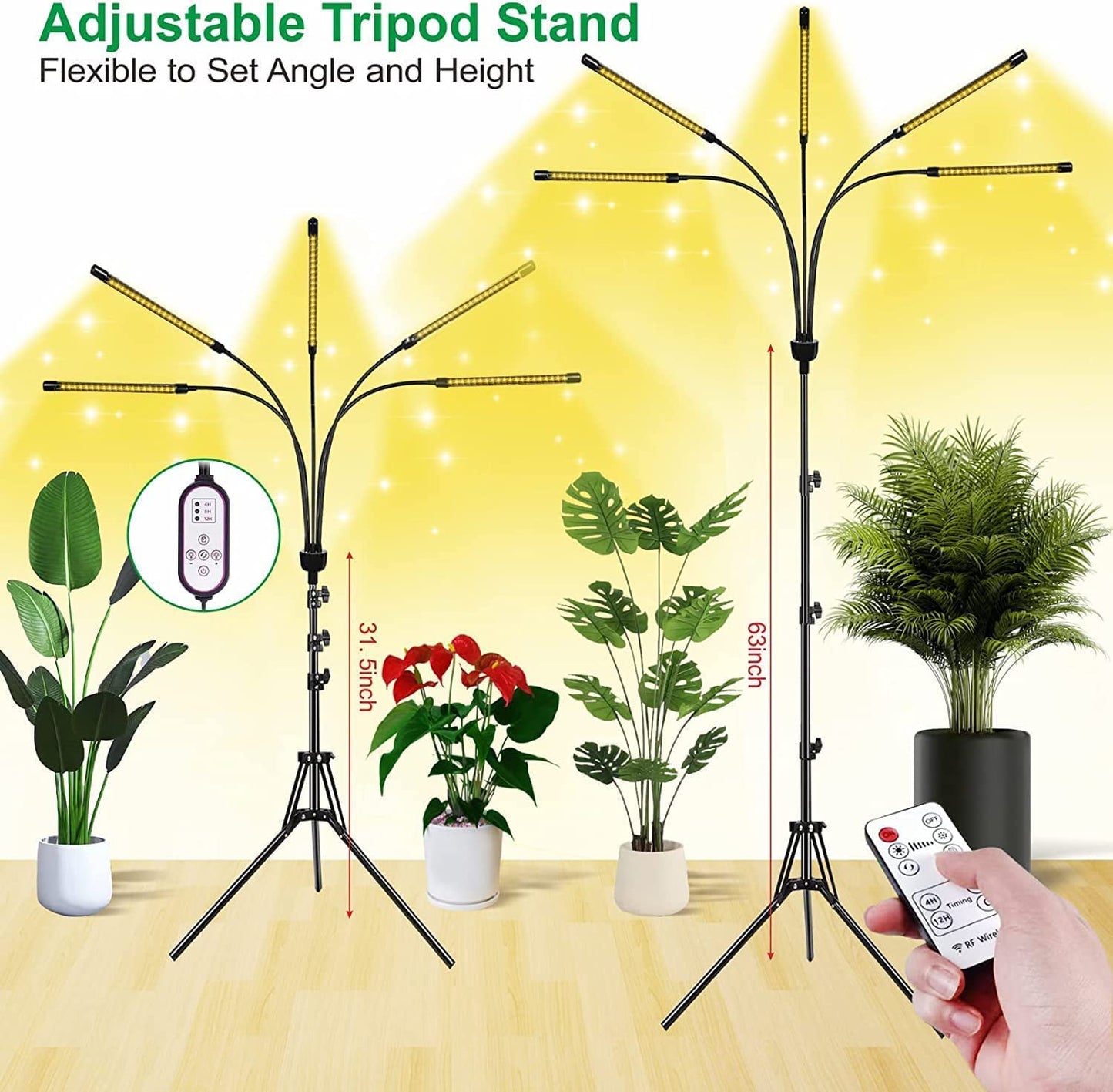 yentbokj 5-Head Adjustable LED Lights, Full Spectrum Grow Lamp with Timer, Warm White Light for Indoor Plants