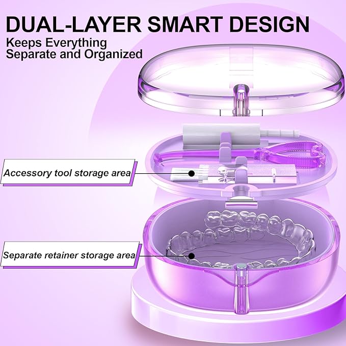Braces Retainer Container Case with Mirror, Aligner and Retainer Holder Case Mouthguard Storage Container for Night Guard, Clear Aligner, Orthodontic Supplies with Removal Tool, Chew and Travel Brush