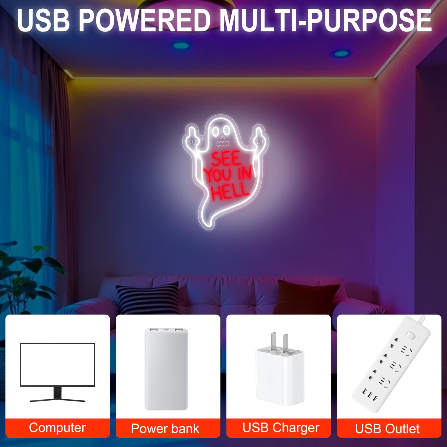See You In Hell Neon Sign, Spooky Middle Finger Dimmable LED Sign for Wall Decor, Man Cave, Beer Bar, Home Bedroom Decoration