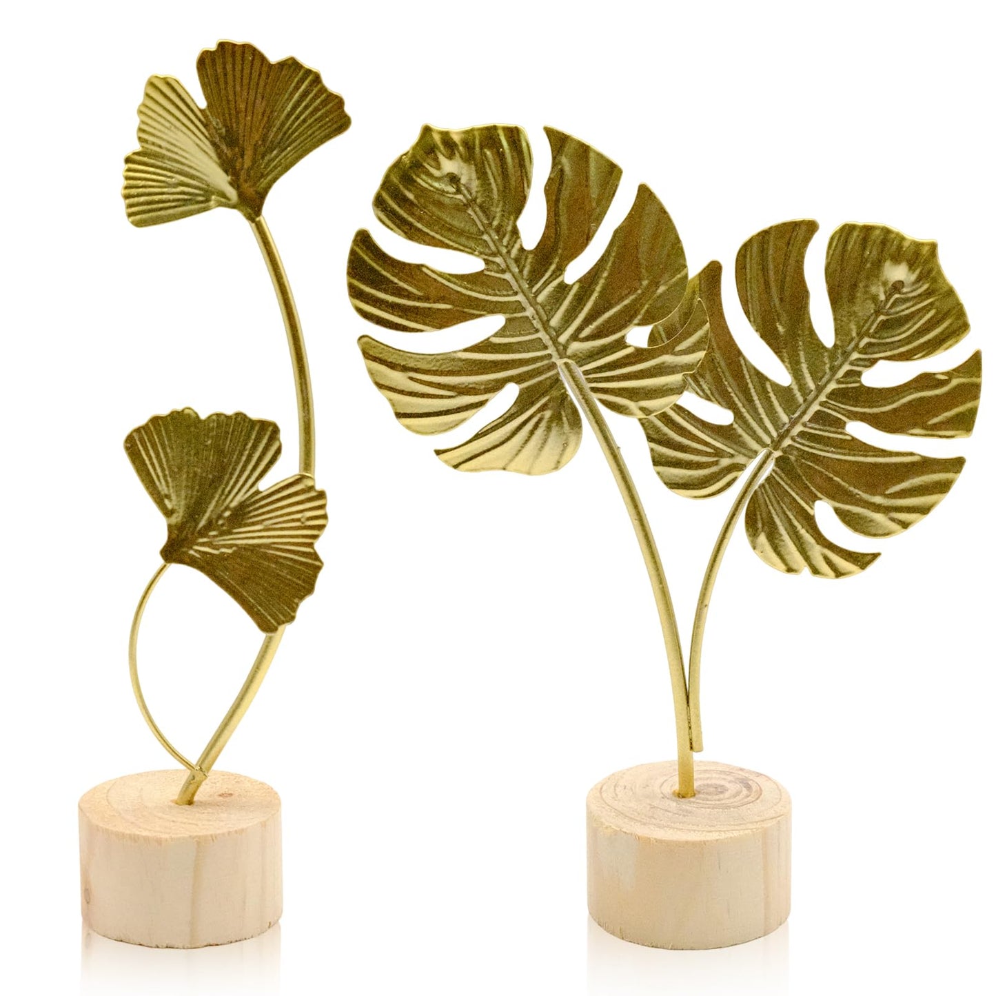 JLNGTHONG 2 Pcs Metal Gold Decor Statues, Leaves Ornaments Modern Creative Home Décor Accents Statue for Office, Room, Bookshelf, Home Decor (Monstera, Ginkgo)