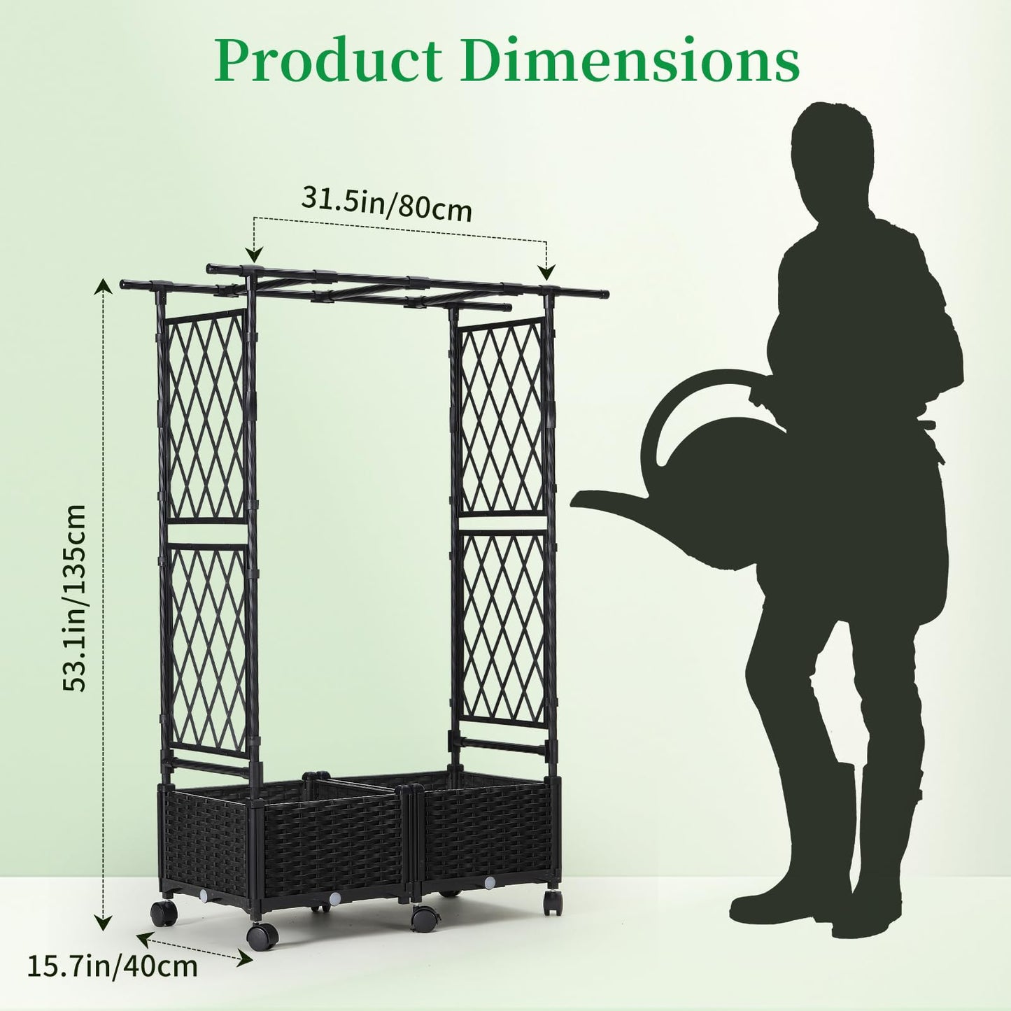 FOLLOOK Planter Box with Trellis Outdoor, 53.1in Plastic Raised Garden Bed with Trellis Hanging Roof for Vine Flower, with Lockable Wheels & Drain Plug for Patio Backyard Balcony, Black, 1 Pc