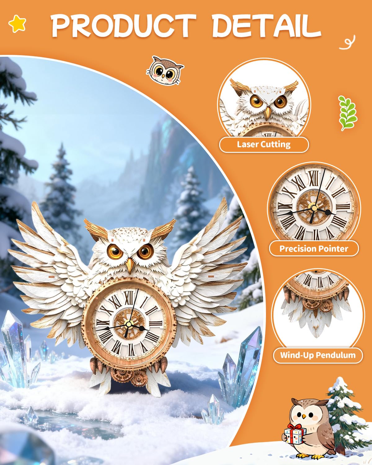 Rnfinewow 3D Wooden Puzzles for Adults, Snowy Owl Clock Kit with Pendulum, Beginner 3D Puzzles Model Kit DIY Crafts for Home Wall Decor Hobbies Birthday Christmas Day Gift for Teens Adults