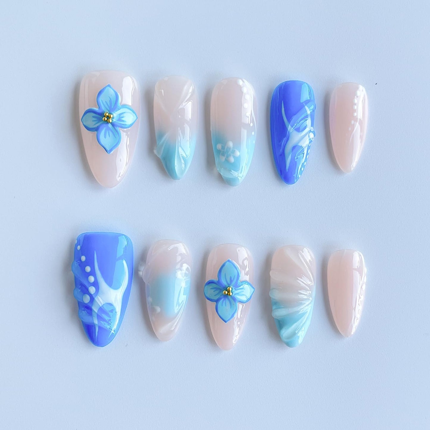 Luxury Press on Nails Medium Almond Handmade 3D Unique Reusable ABS Material Fake Nails Blue False Nails with Designs Blue White Flower Art Petal Glossy Thick Acrylic Nails(S)