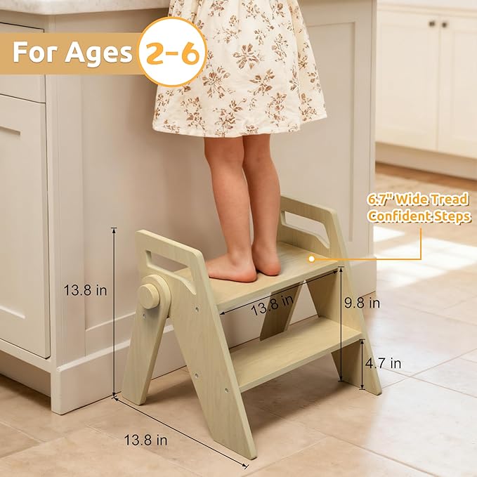 Wooden 2 Step Stool for Kids Bathroom Foldable 2-Step for Toilet Potty Training, Child Stepping Stool for Kitchen Nursery Bedroom