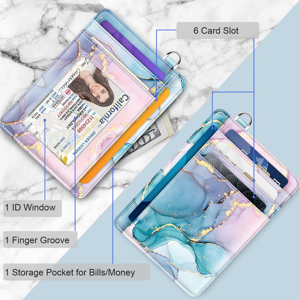 Coco Rossi Slim Front Pocket Wallet Minimalist RFID ID Card Holder Cute Small Wallets with Wrist Lanyards Key Chain Holder for Women, Gradient Marble