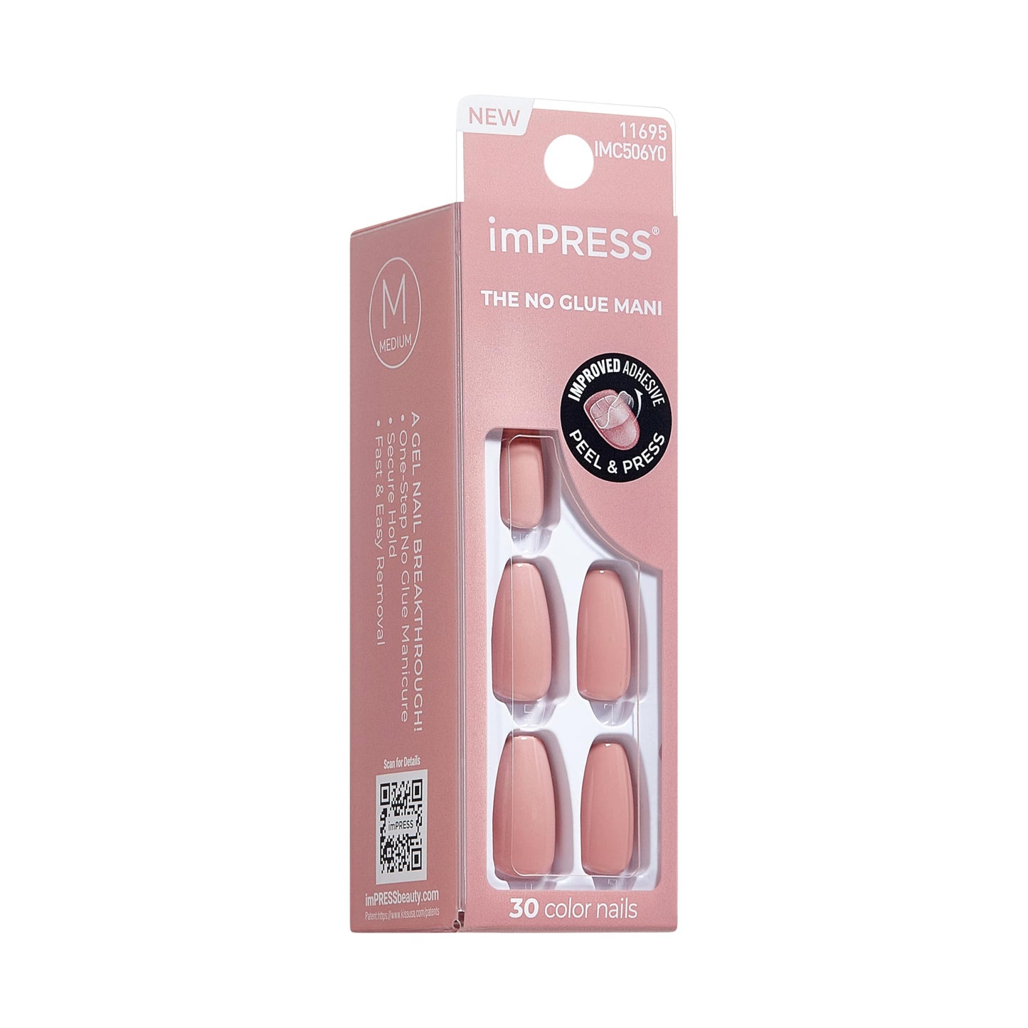 KISS Impress No Glue Mani 30 Pcs Press on Nails, Easy Apply, Hassle-Free Removal, Simple Peel & Press, Essential Tools Included, Prep Pad, 1 Manicure Stick, 1 Mini File (Magic U)