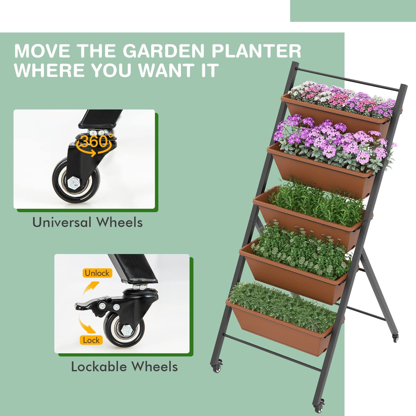 S AFSTAR 5-Tier Vertical Garden Planter, Raised Garden Bed with 2 Lockable Wheels, 5 Removable Planter Boxes, Metal Frame, Indoor Outdoor Elevated Planting Box for Flower Vegetables Fruit Herbs