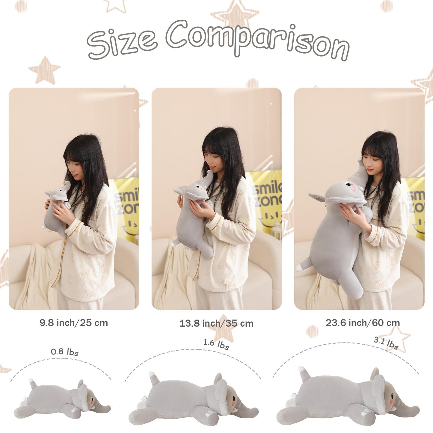 SQEQE Weighted Elephant Plush, Weighted Elephant Stuffed Animal, Cute Plushies Soft Pillow Toy Gift for Kids Adults 23.6 Inch, 3.1 Lbs