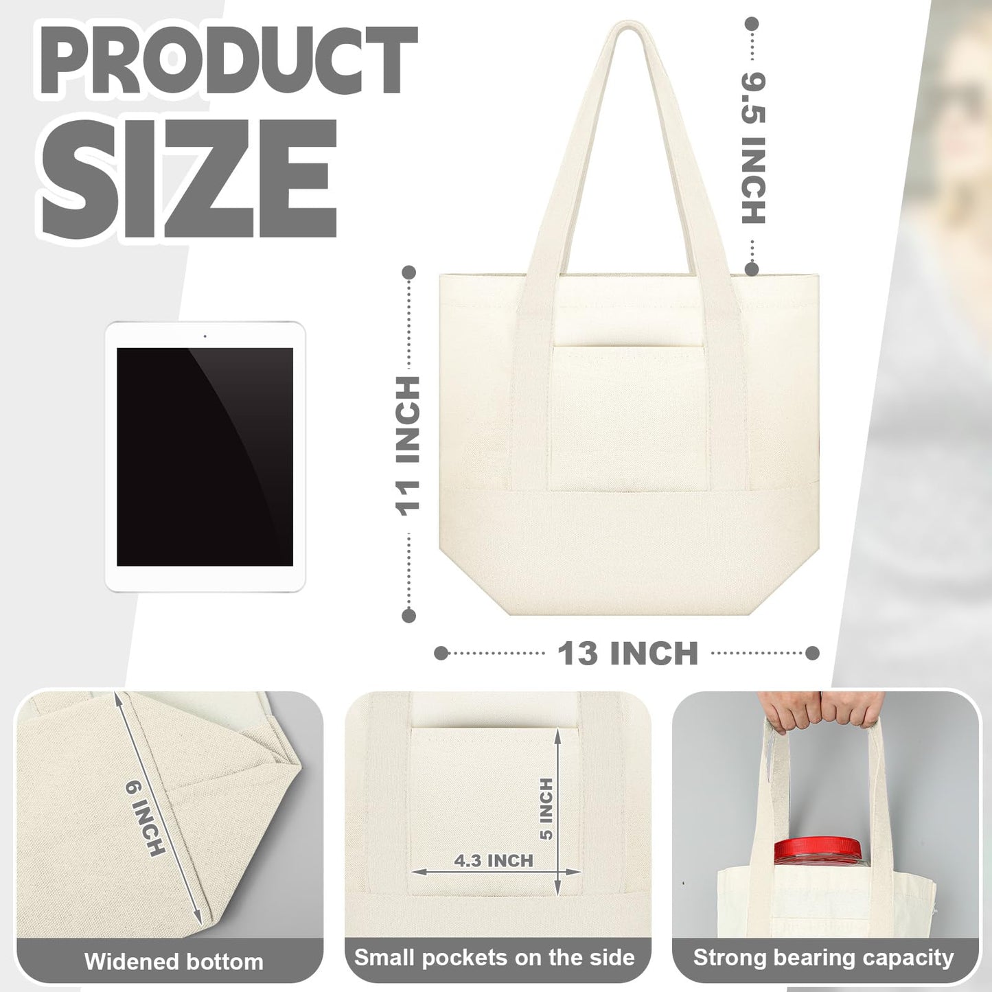 Amylove Canvas Tote Bag with Pockets Duty Canvas Sublimation Blank Small Bag Mini Reusable Tote for Crafts DIY(13" X 11",Natural Color,1 Pcs)