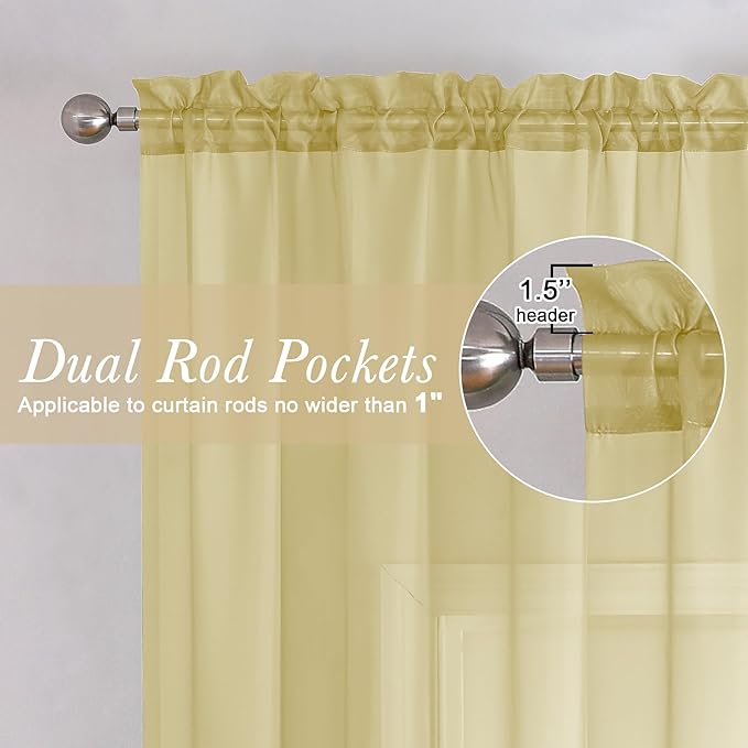 Lecloud Yellow Sheer Curtains 96 Inches Long 2 Panels, Gauzy Light Filtering Breathable Curtain, Solid Voile Home Decor Drapes with Dual Rod Pocket for Living Room Bedroom, Each 42" W x 96" L