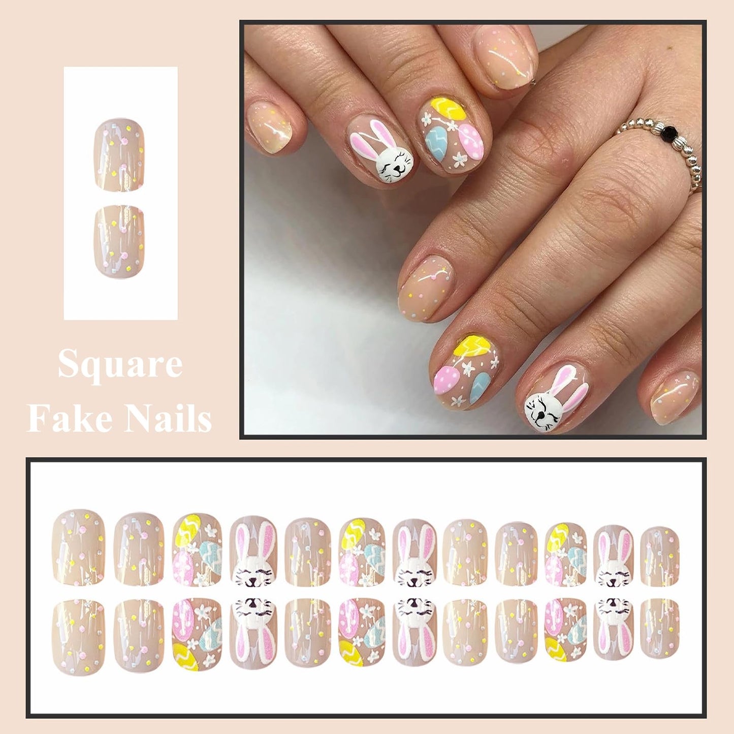 MISUD Press on Nails - Short Square Fake Nails with Colorful Polka Dot, Acrylic Easter Bunny Eggs Design 24 pcs