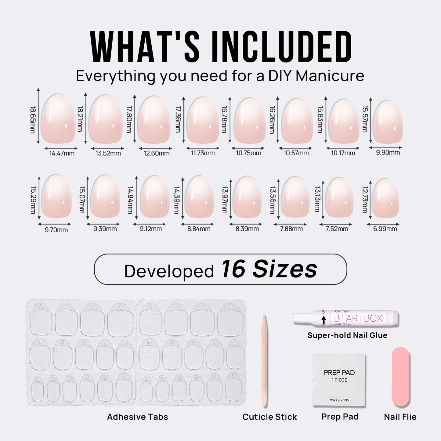 BTArtbox Press On Nails Almond - Extra Short Press On Nails, Nude White Ombre Soft Gel Nails, Natural Reusable Stick On Nails in 16 Sizes - 32 Fake Nails Kit