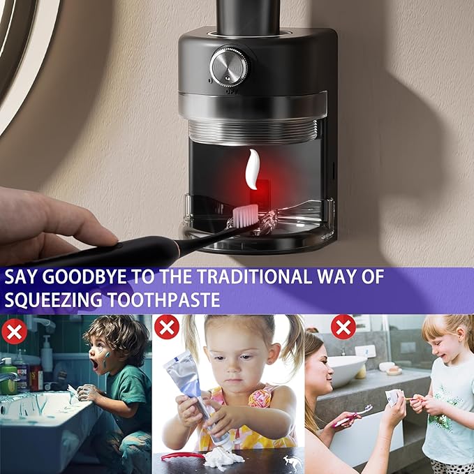 Toothpaste Squeezer, Bathroom Wall Mounted Electric Toothpaste Dispenser with Adjustable Toothpaste Dispensing Amount, Automatic Toothpaste Dispenser for Adults and Kids (Black)