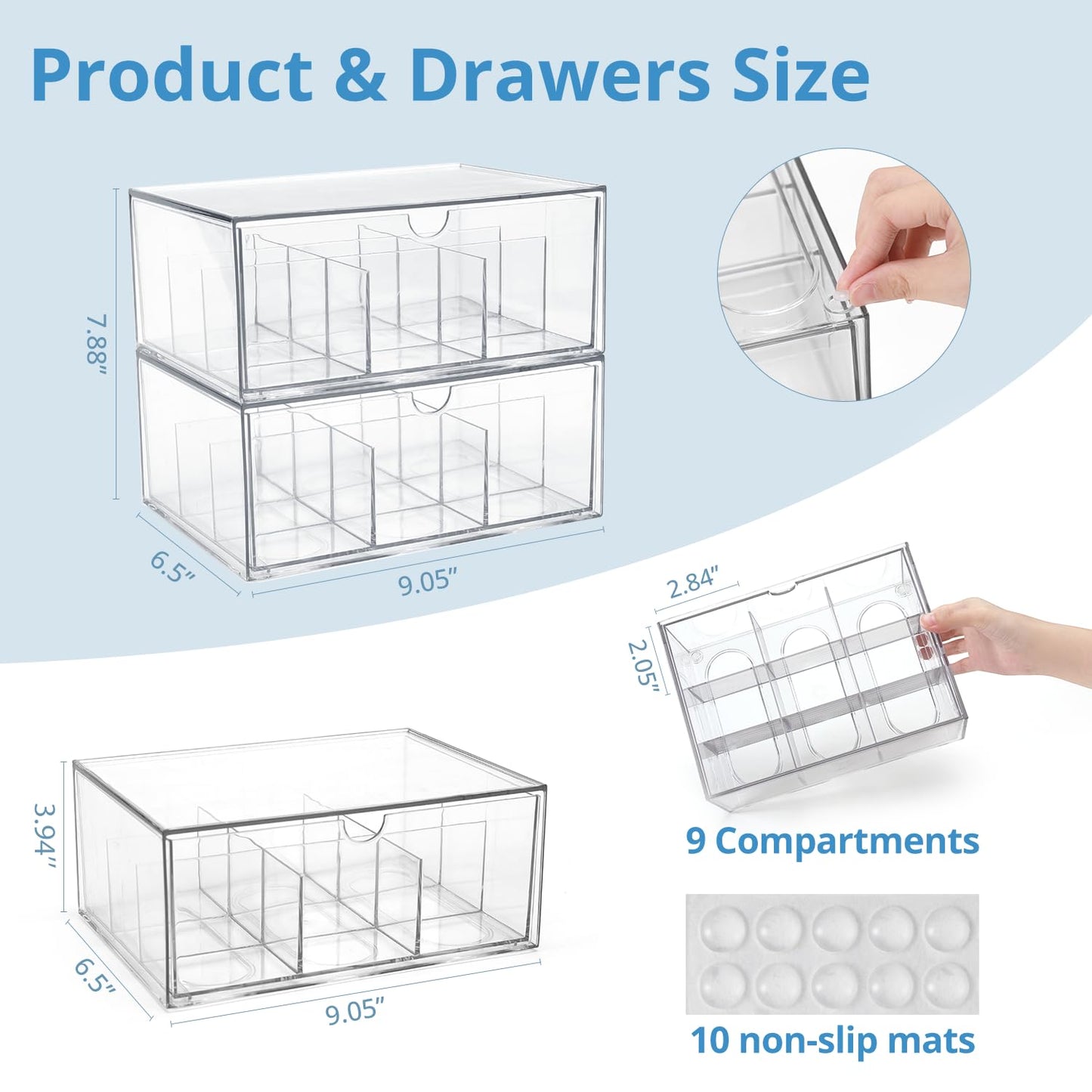 CLUQMEIK 2 Large Acrylic Tea Bag Organizer, 9 Grids Tea Organizers and Storage with Acrylic Drawers Stackable, Teabag Holder Organizer for Counter Countertop Kitchen Cabinet