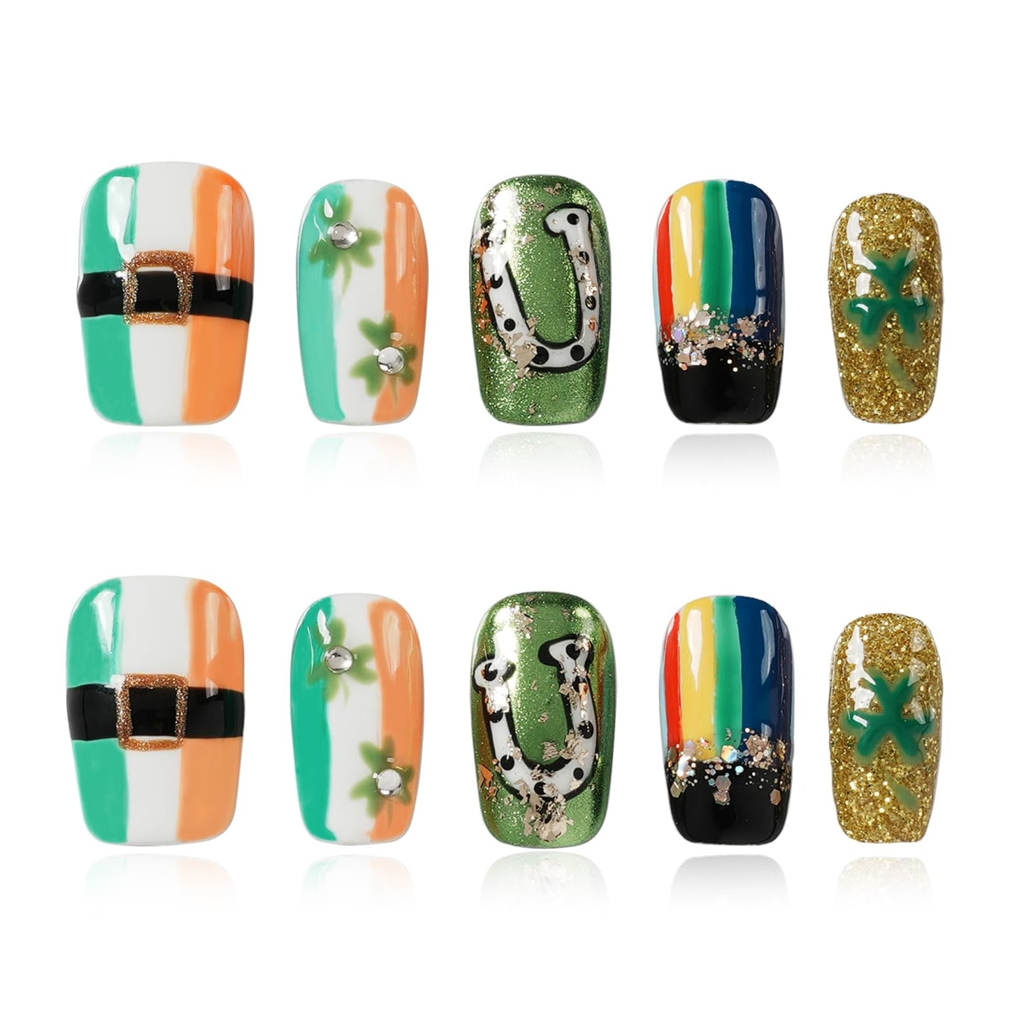 Tesytto Medium Square Press on Nails - Irish Flag Green White Orange Nails with Lucky Shamrock & Belt Design, Rainbow & 3D Gold Glitter Spring Summer Fake Nails (Size L)