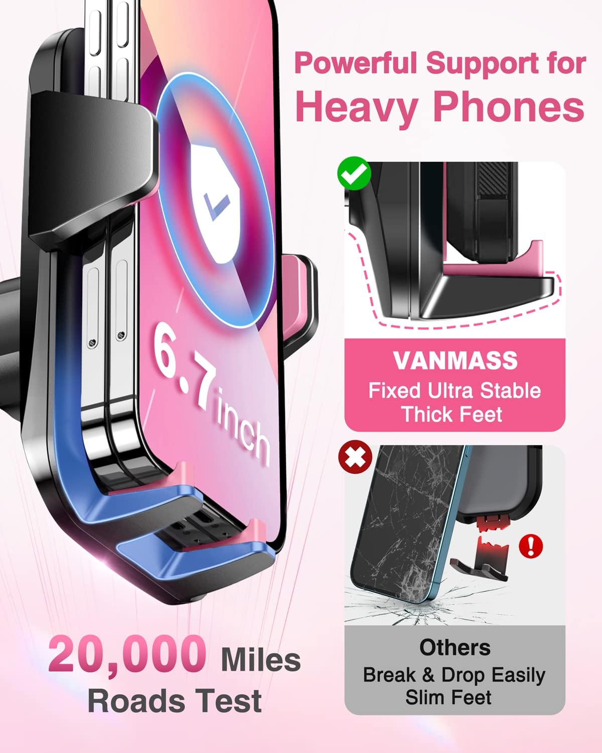 VANMASS 2025【Strongest Suction & Military-Grade】 Car Phone Mount 【Patent & Safety】Ultimate Cell Phone Holder Handsfree Stand for Dash Windshield Vent for iPhone 16 15 Pro Max 14 Android & Truck, Pink