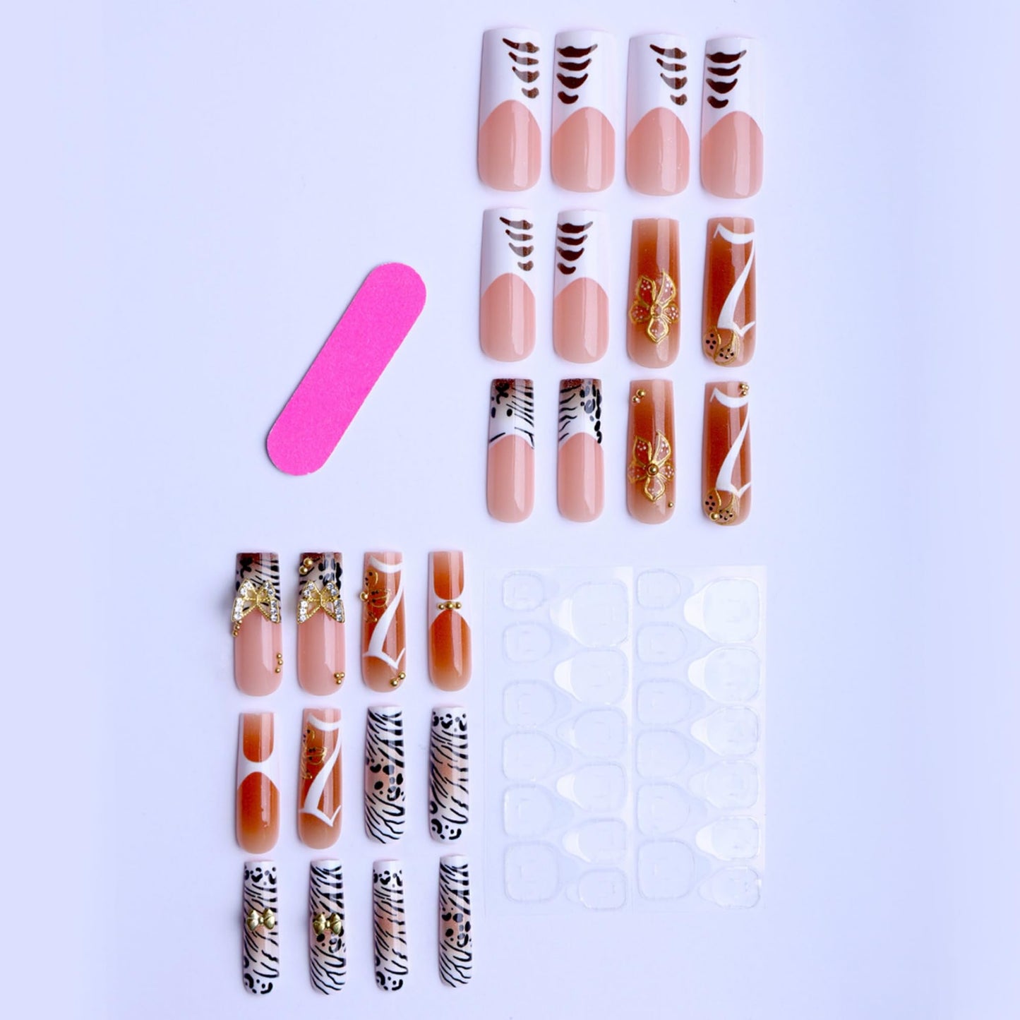 SEENEEY Long Press on Nails Square Fake Nails Brown Artificial Nail Gold Butterfly and Flowers Designs Leopard Stick on Nail for Women 24pcs