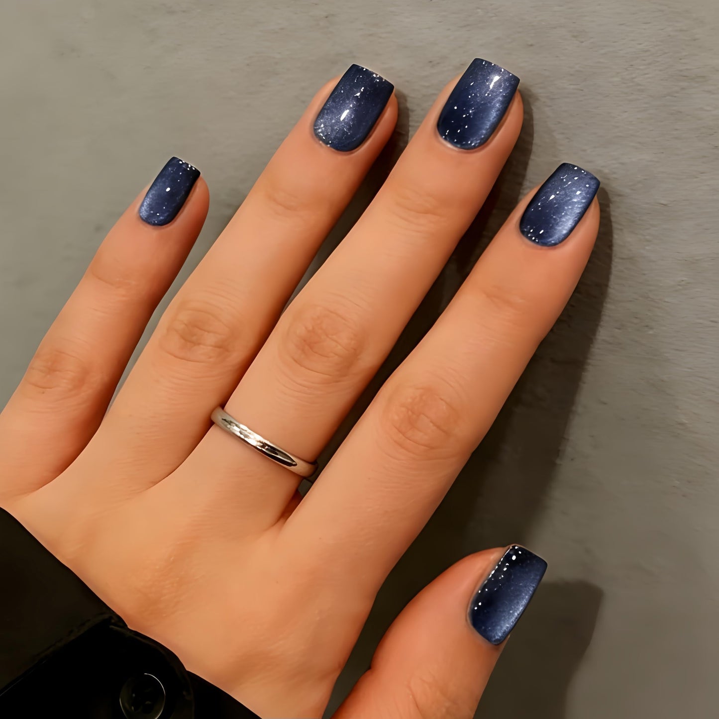 KQueenest Cat Eye Press On Nails Short - Midnight Blue Press On Nails Square, 30 Pcs 15 Sizes Sparkly Glitter Fake Nails Press ons, Thick Quality, Reusable Small Glue on Nail for Women Summer