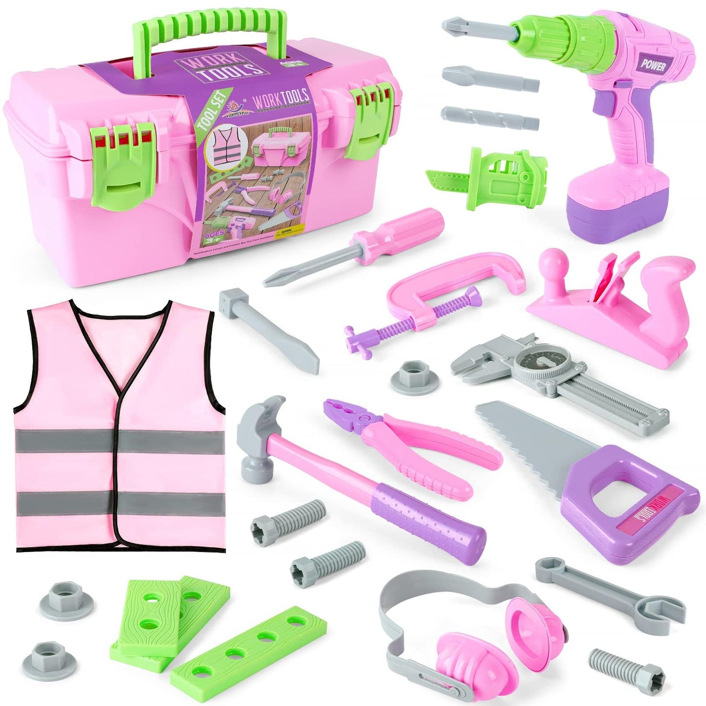 Kids Tool Set, Pink Toy Tool Set for Girls with Electric Drill, Hammer, Planer, Working Vest, with Storage Box, Construction Pretend STEM Toy Tool Kit for Toddlers Age 3 Years and Up