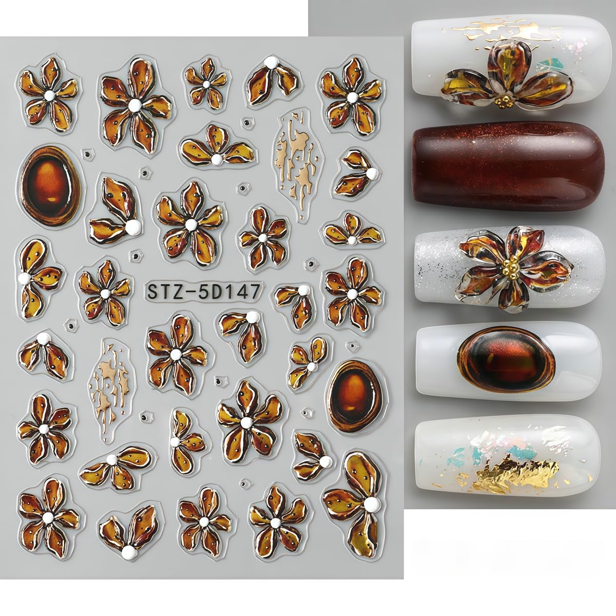 3 Sheets Flower Nail Art Stickers Decals 5D Self-Adhesive Nail Decals Spring/Summer Floral | Bow Designs, Self-Adhesive Decals for Women's Nail DIY Decoration