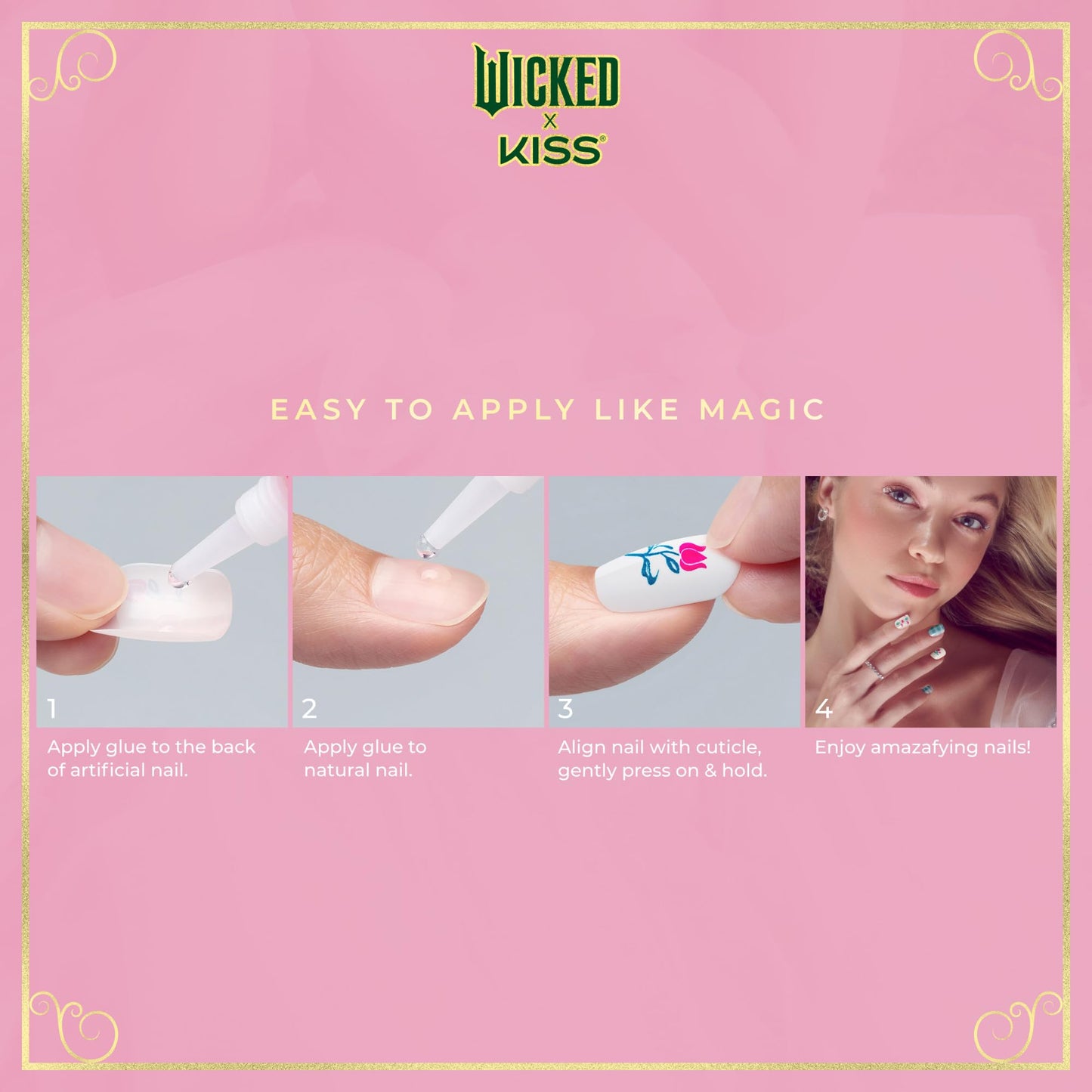 WICKED X KISS Press On Nails, ‘Bloom in Land’, Pink, Medium Oval, Waterproof, Chip Proof, Smudge Proof, 28 Fake Nails, Pink Gel Nail Glue (2g), Mini Nail File, & Manicure Stick