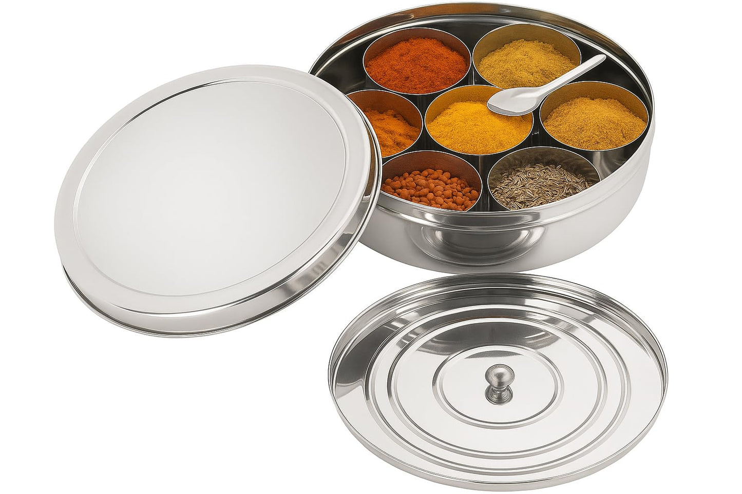JANASIN Spice Organizer Stainless Steel Masala Dabba, 7 Compartment Indian Spice Box with Lid, Round Kitchen Container