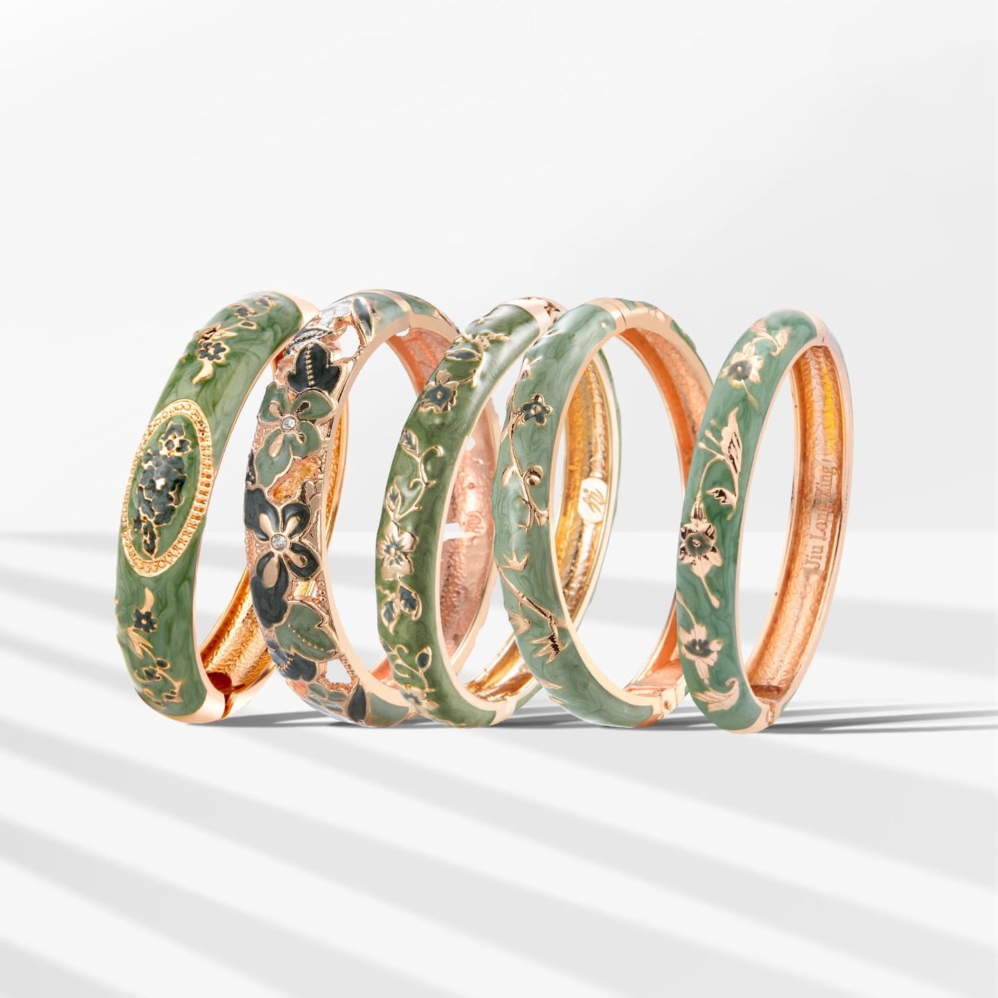 UJOY Bangles 5 Pcs Enamel Jewelry Set Rose Flower Engraved Cloisonne Bracelets Pack in a Box 5PCS Green
