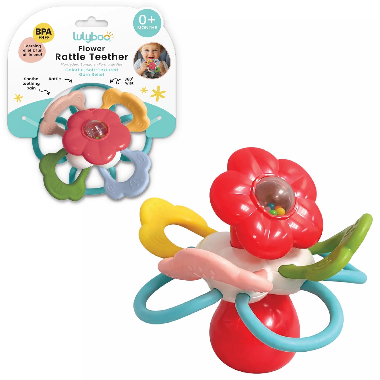 Lulyboo Flower Rattle Teether: BPA-Free Silicone with Textured Petals, Built-in Rattle Beads and 360° Twist. Soft, Flexible Design soothes Gums While Supporting Sensory and Motor Skill Development