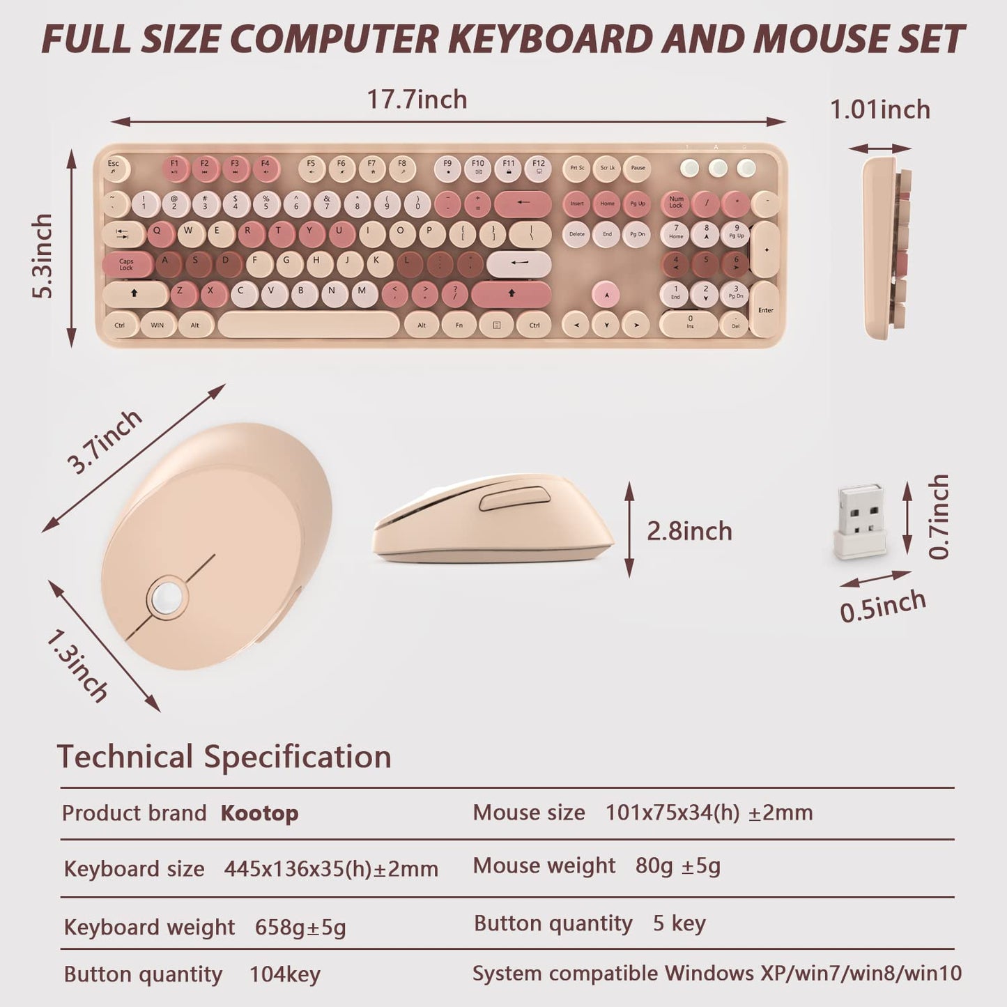KOOTOP Wireless Keyboard and Mouse, Cute Keyboard and Mouse Combo with Retro Round Keycap, 2.4G Connectivity for PC, Mac, Laptop, Computer Windows (Milk Tea)