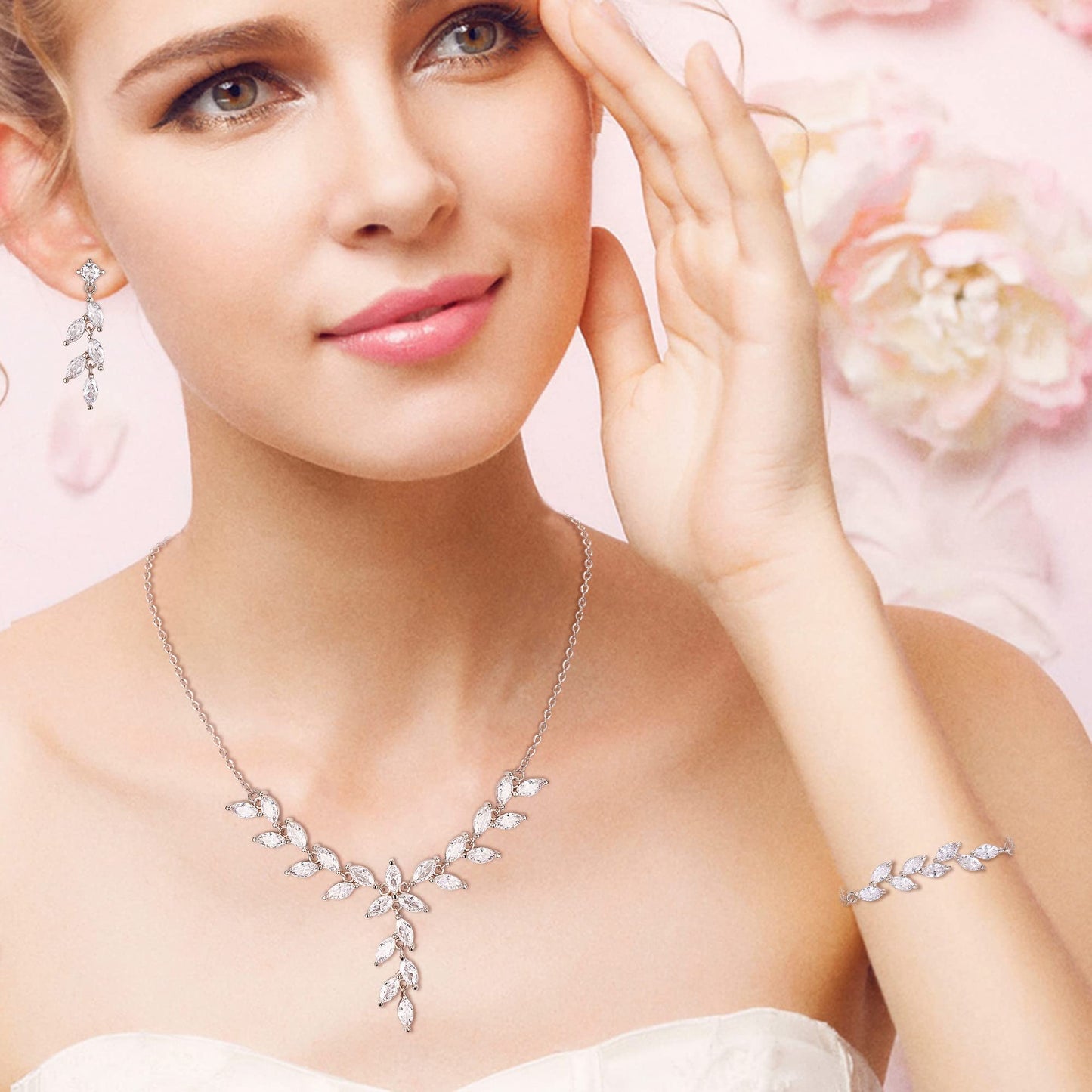 EVER FAITH Wedding Cubic Zirconia Jewelry Sets for Bride Bridesmaid, Sparkly Marquise Leaf Necklace Dangle Earrings Bracelet Set for Woman Clear Silver-Plated-Brass